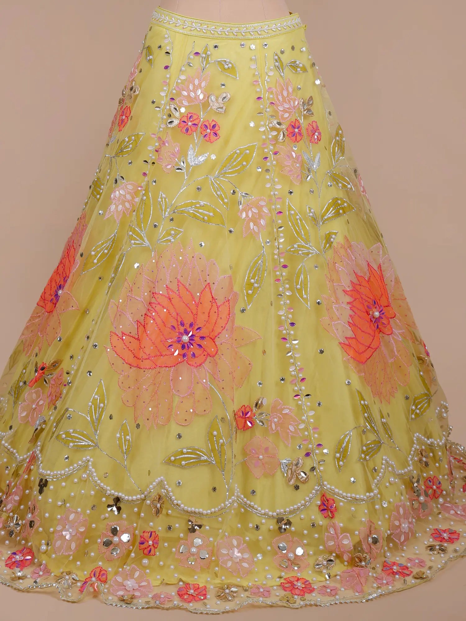 Wedding Wear Yellow Net Lehenga With Cut Dana Work