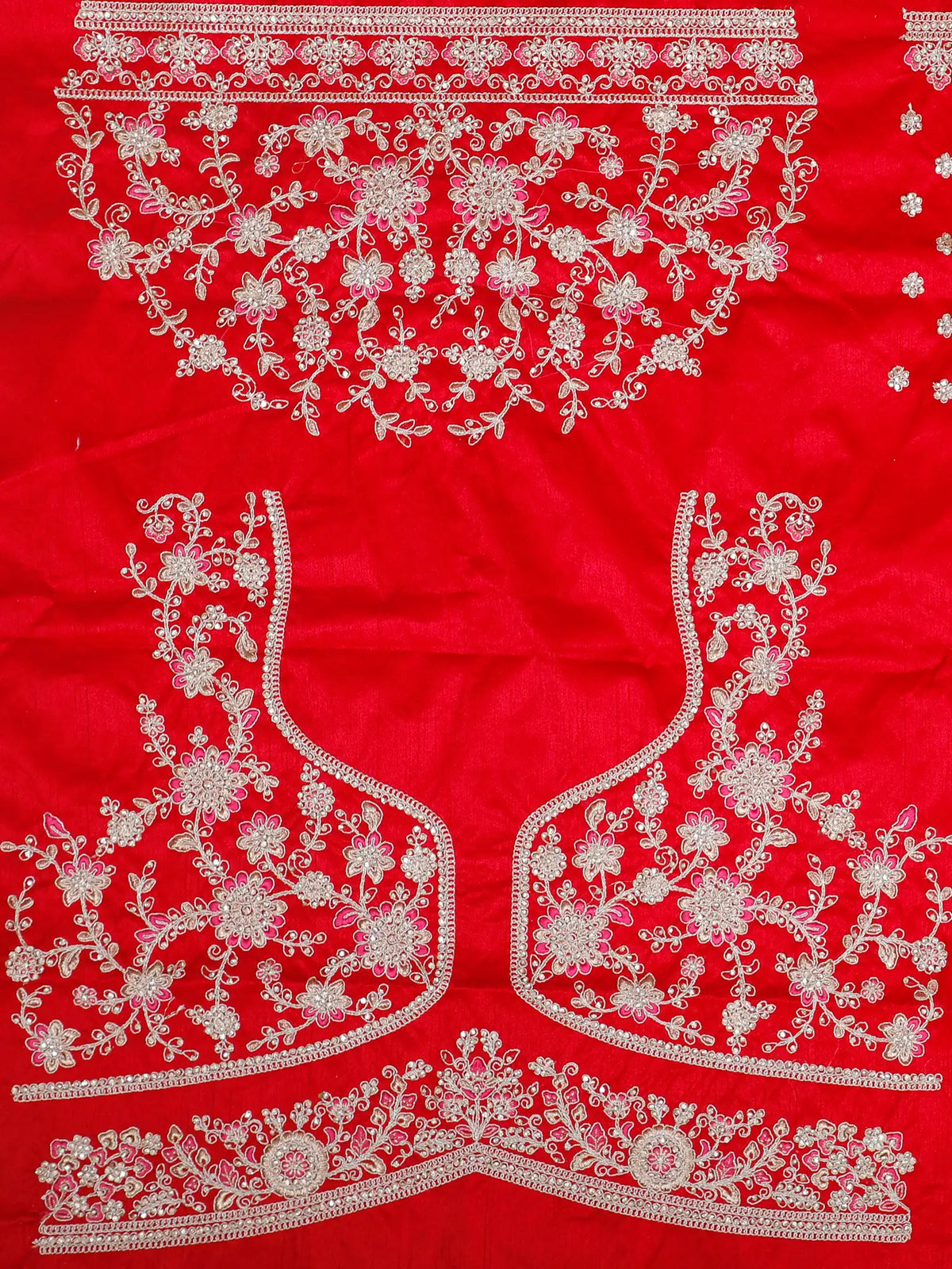 Red Silk Unstitched Bridal Lehenga With Bird Figure Detailing