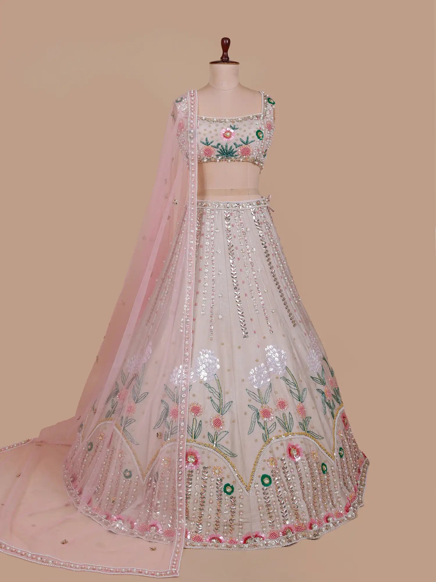 Exclusive Biscuit Color PDP Inspired Silk Lehenga With Crystal Sequin Craft