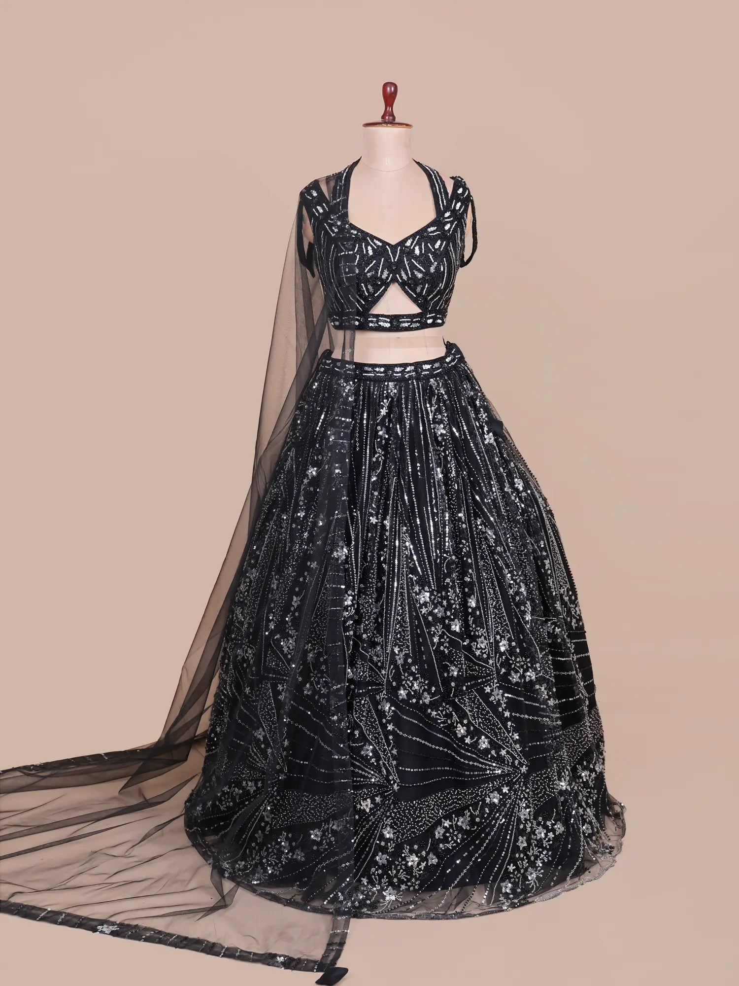 Shop Black Net Designer Lehenga With Petite Round Flare and Sequin Work