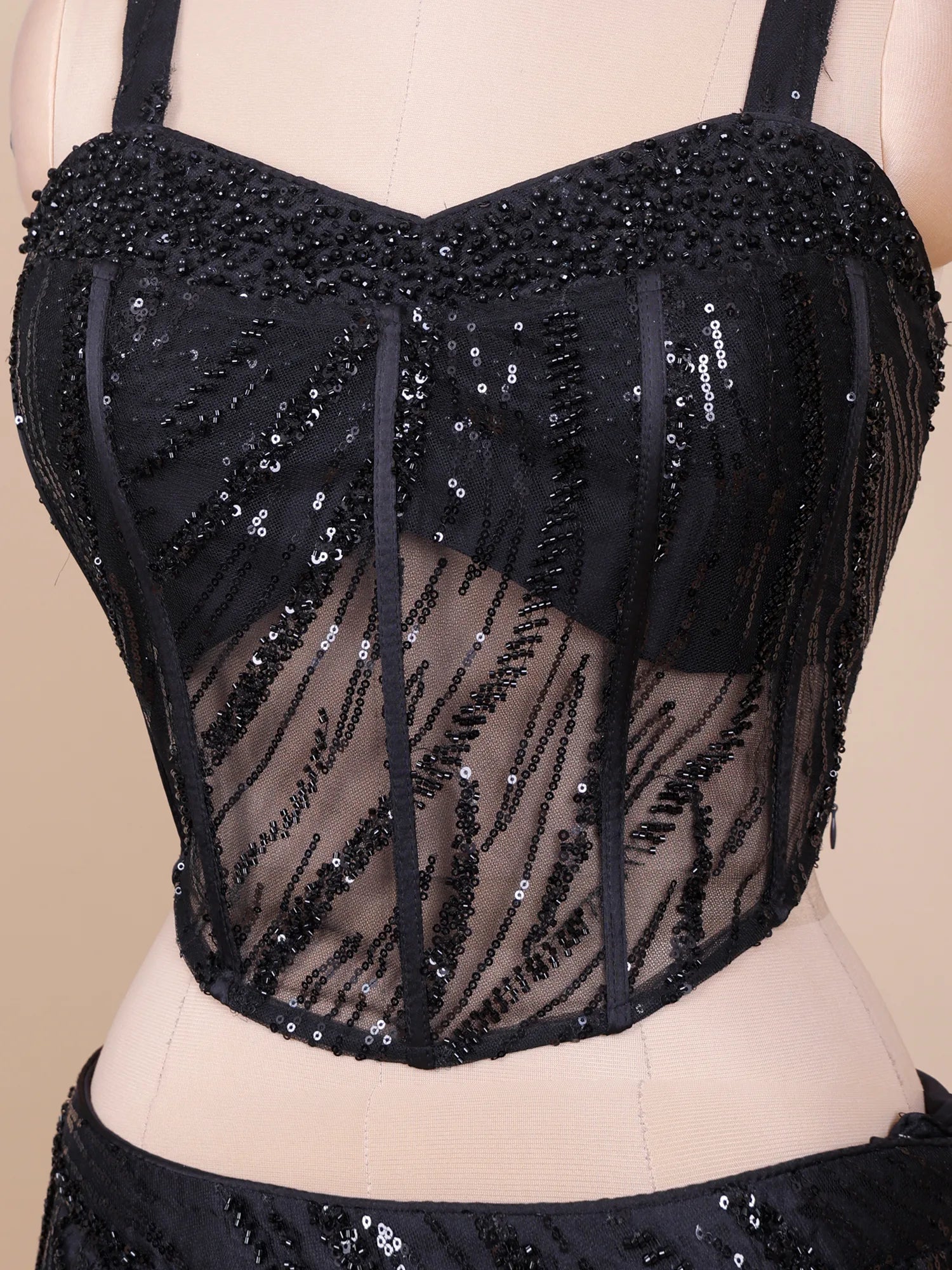 Black Designer Net Fishcut Lehenga With Bead And Sequin Detailing