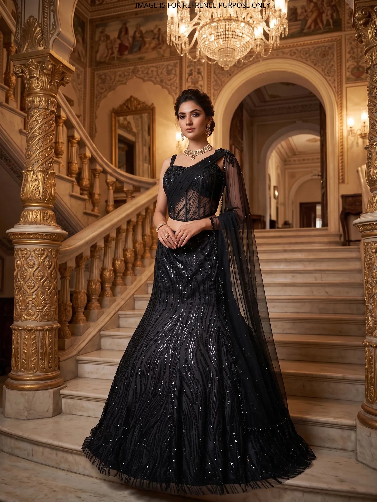 Black Designer Net Fishcut Lehenga With Bead And Sequin Detailing