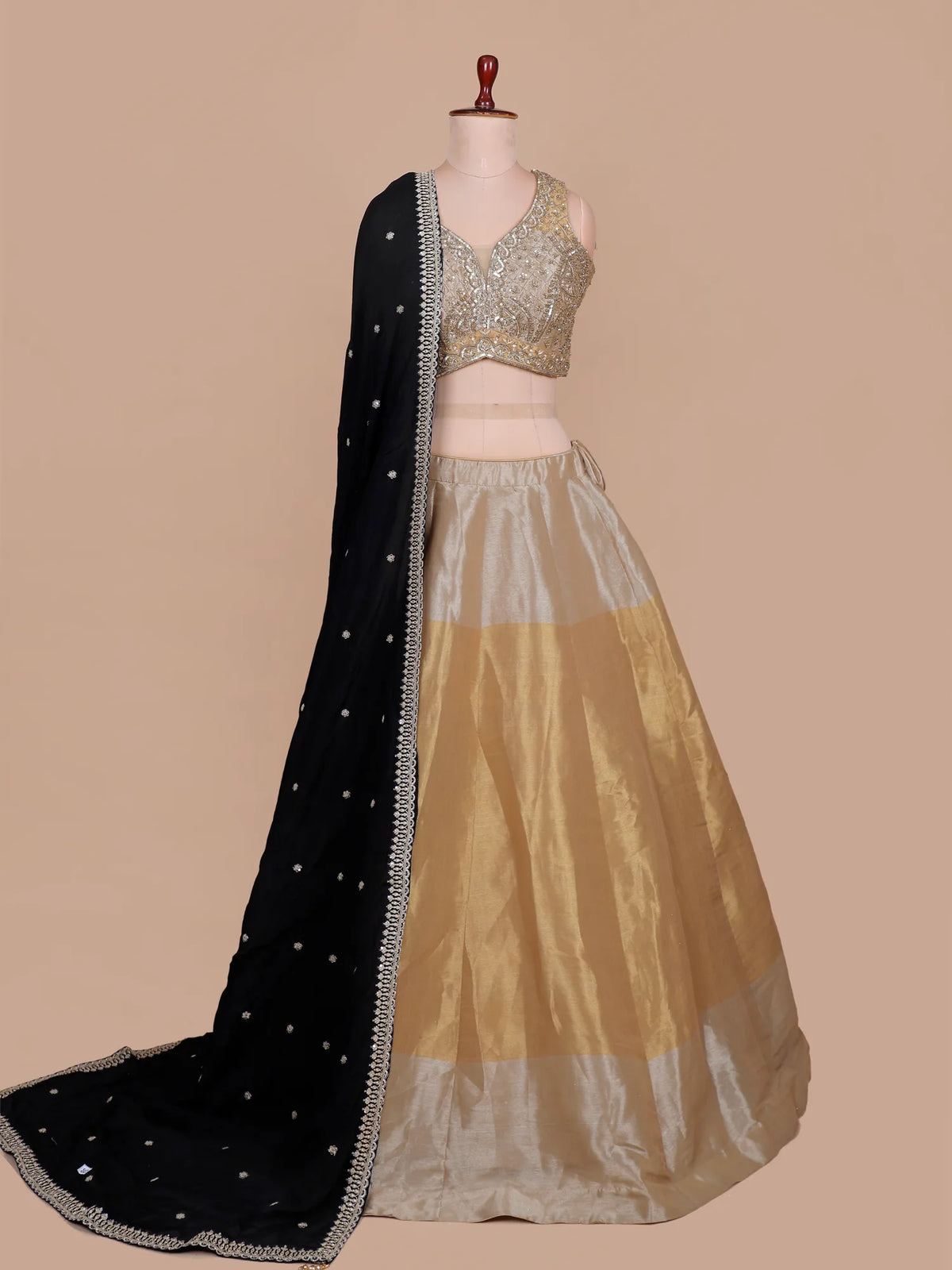 Designer Dual Tone Tissue Lehenga Choli Featuring Black Dupatta And Cut Dana