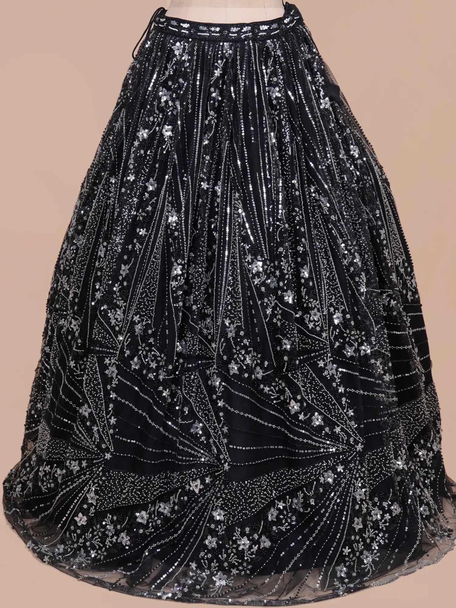 Shop Black Net Designer Lehenga With Petite Round Flare and Sequin Work