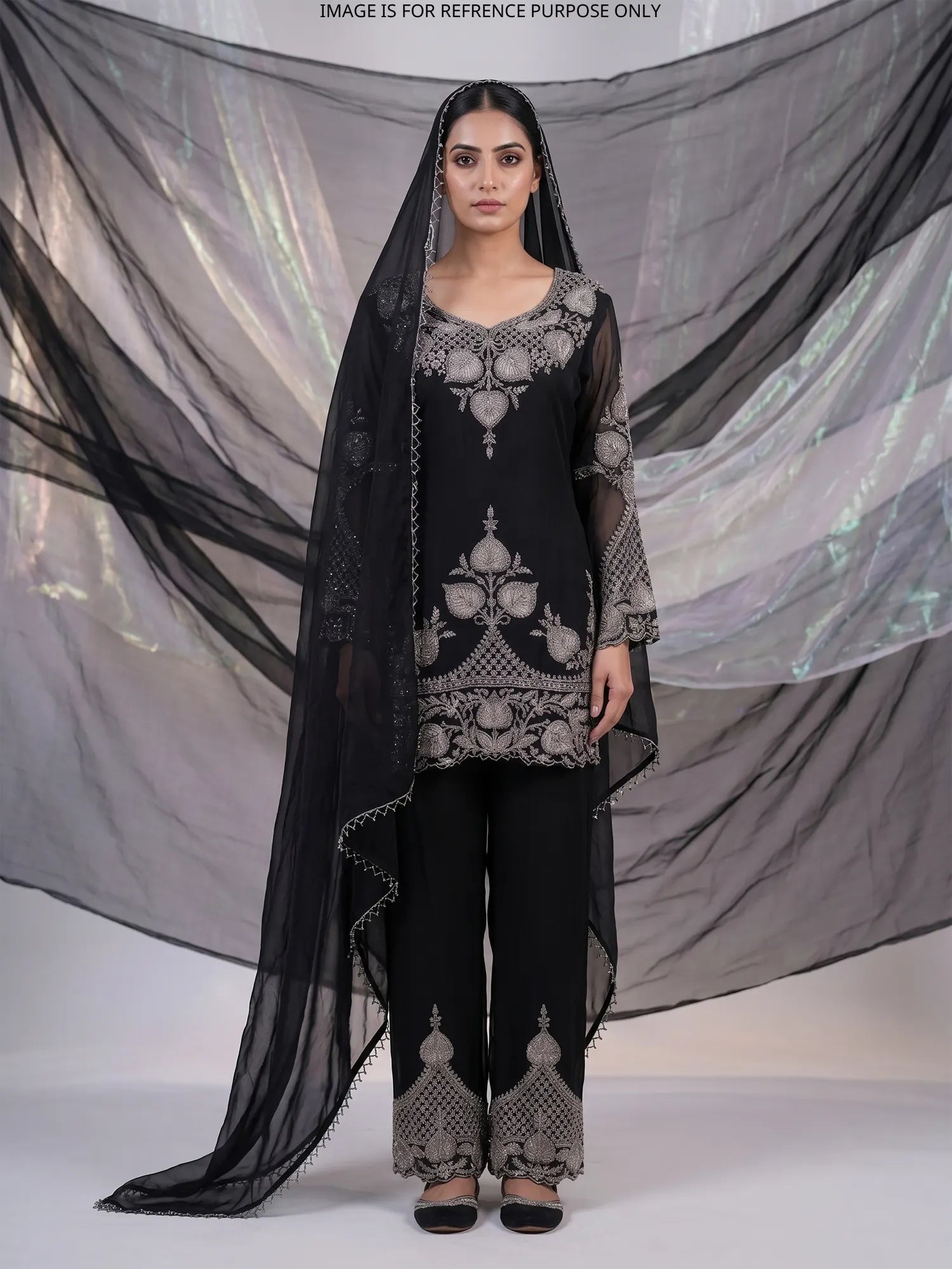 Black Georgette Palazzo Set In Bead And Thread Embellishment