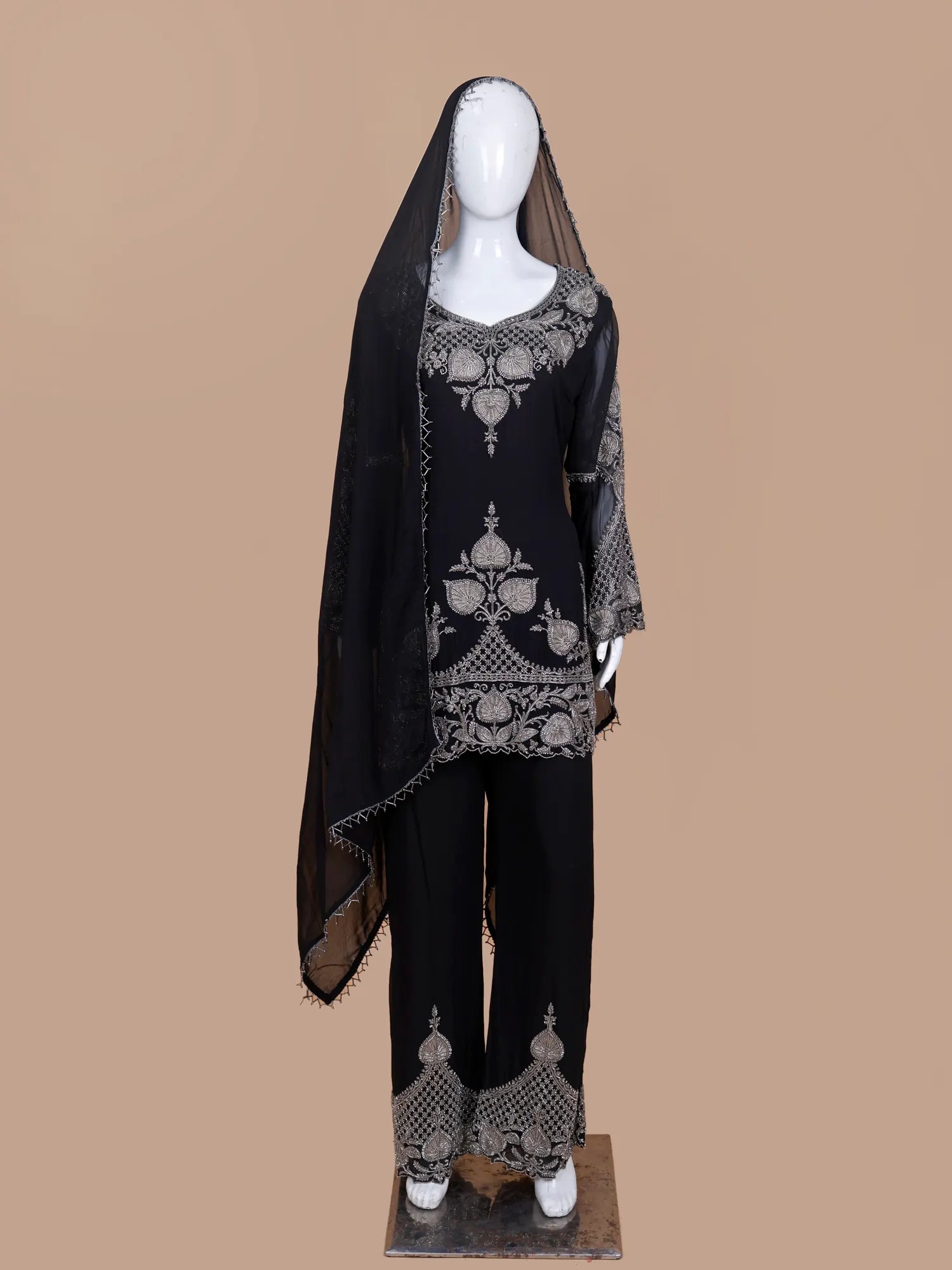 Black Georgette Palazzo Set In Bead And Thread Embellishment