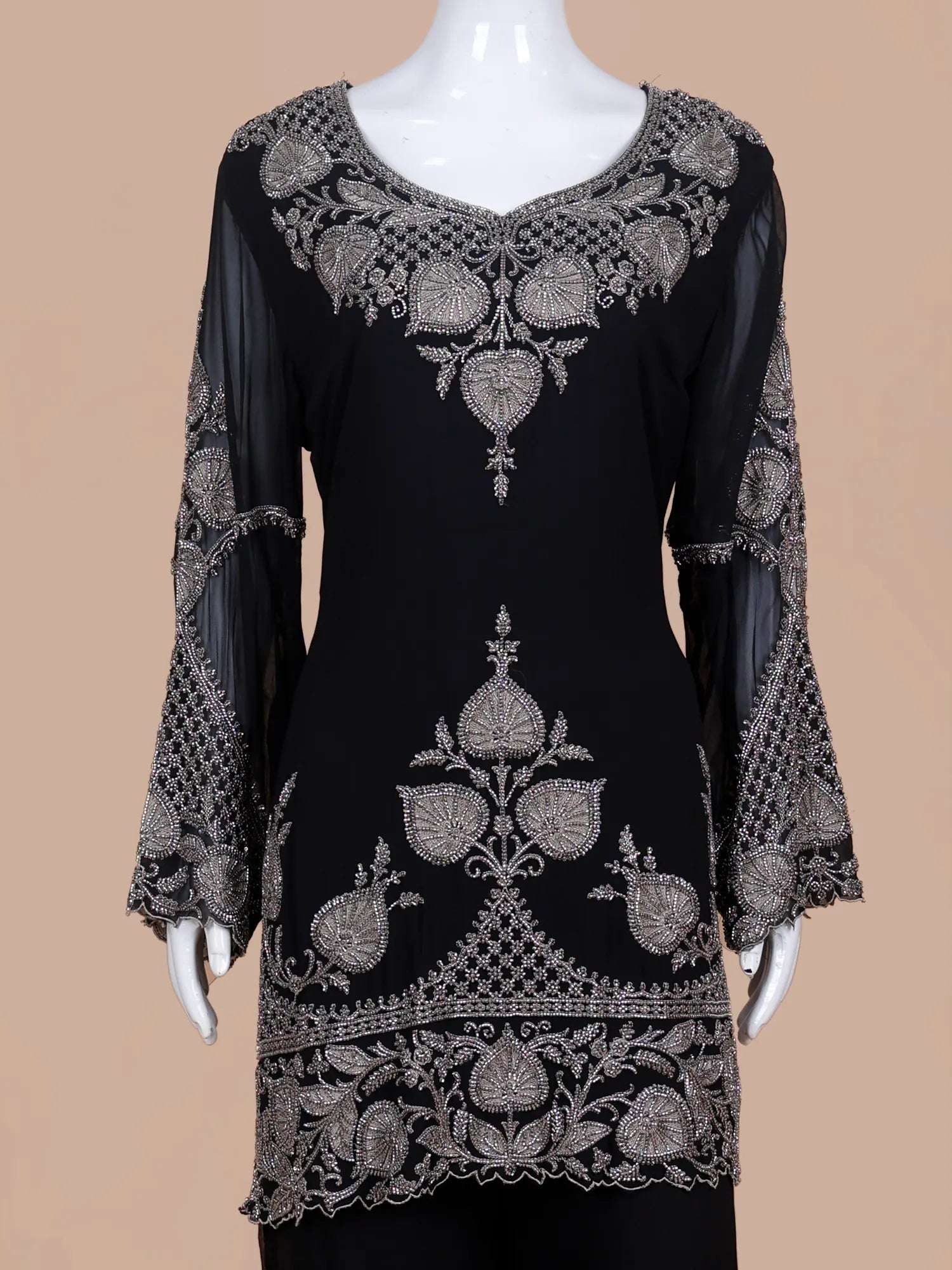 Black Georgette Palazzo Set In Bead And Thread Embellishment