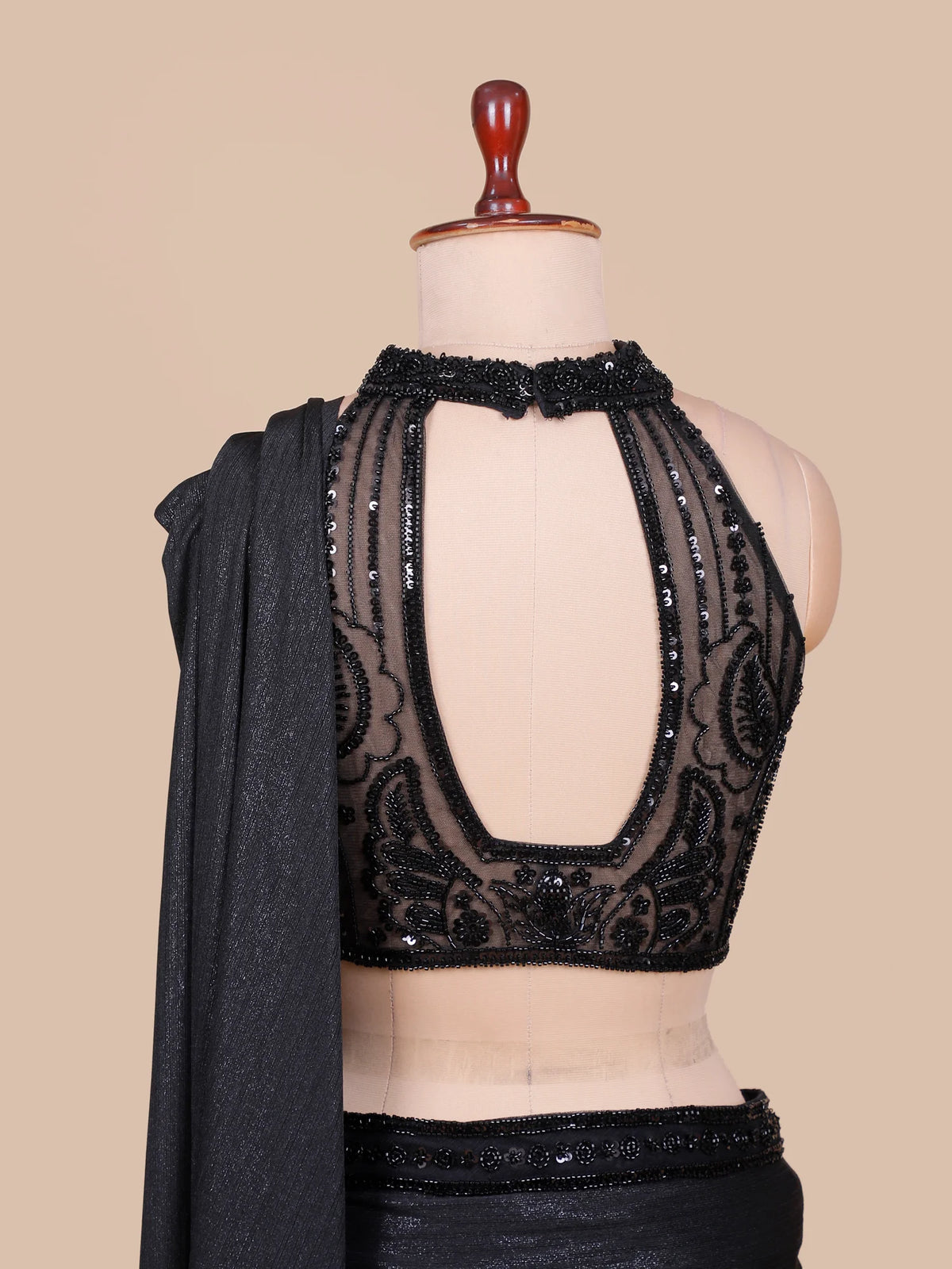 Midnight Black Pre Drape Saree with Floral Sequin Bead Embroidery