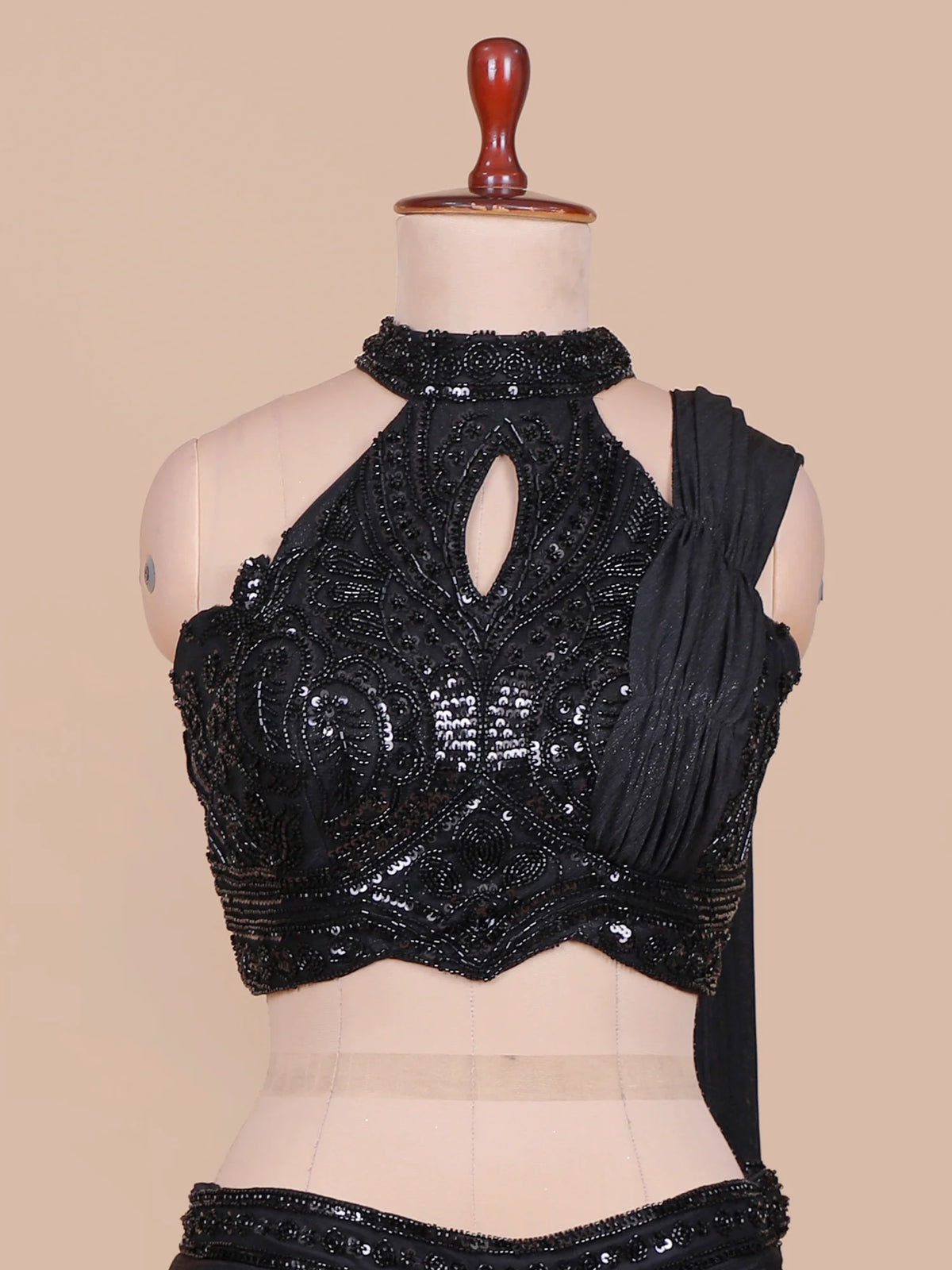Midnight Black Pre Drape Saree with Floral Sequin Bead Embroidery
