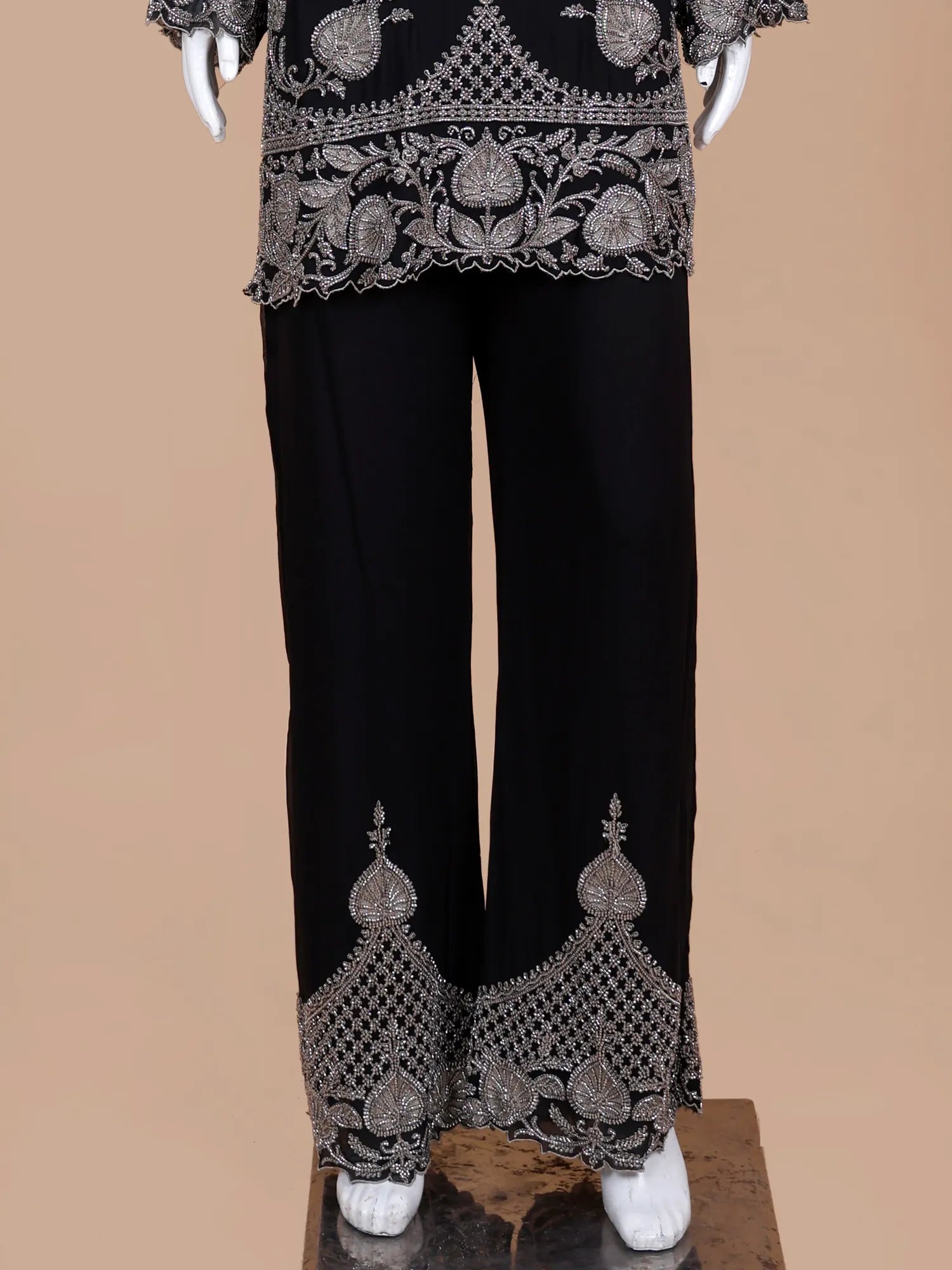 Black Georgette Palazzo Set In Bead And Thread Embellishment