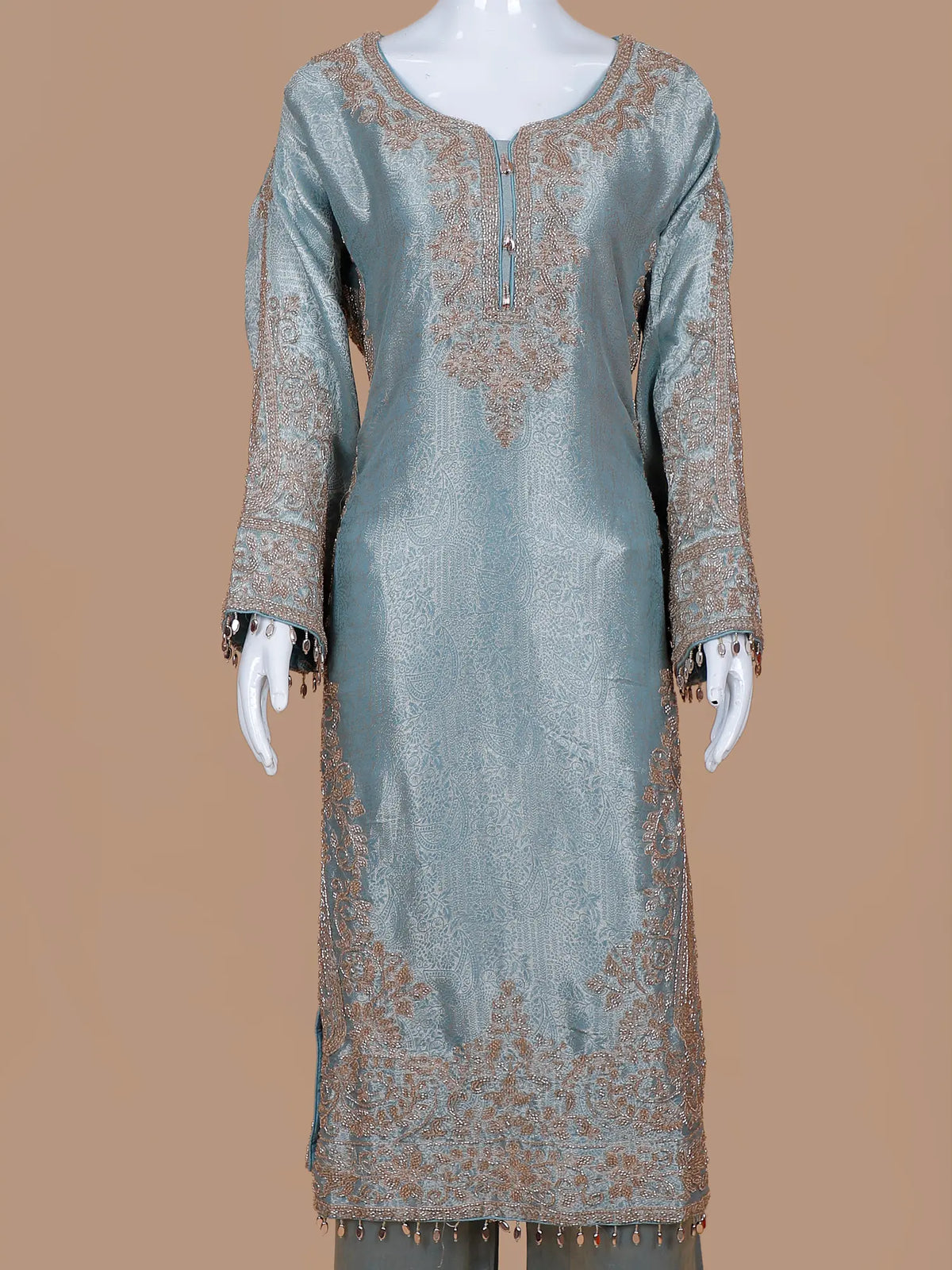 Exclusive Blue Grey Banarasi Silk Suit Featuring Gold Beaded Embroidery