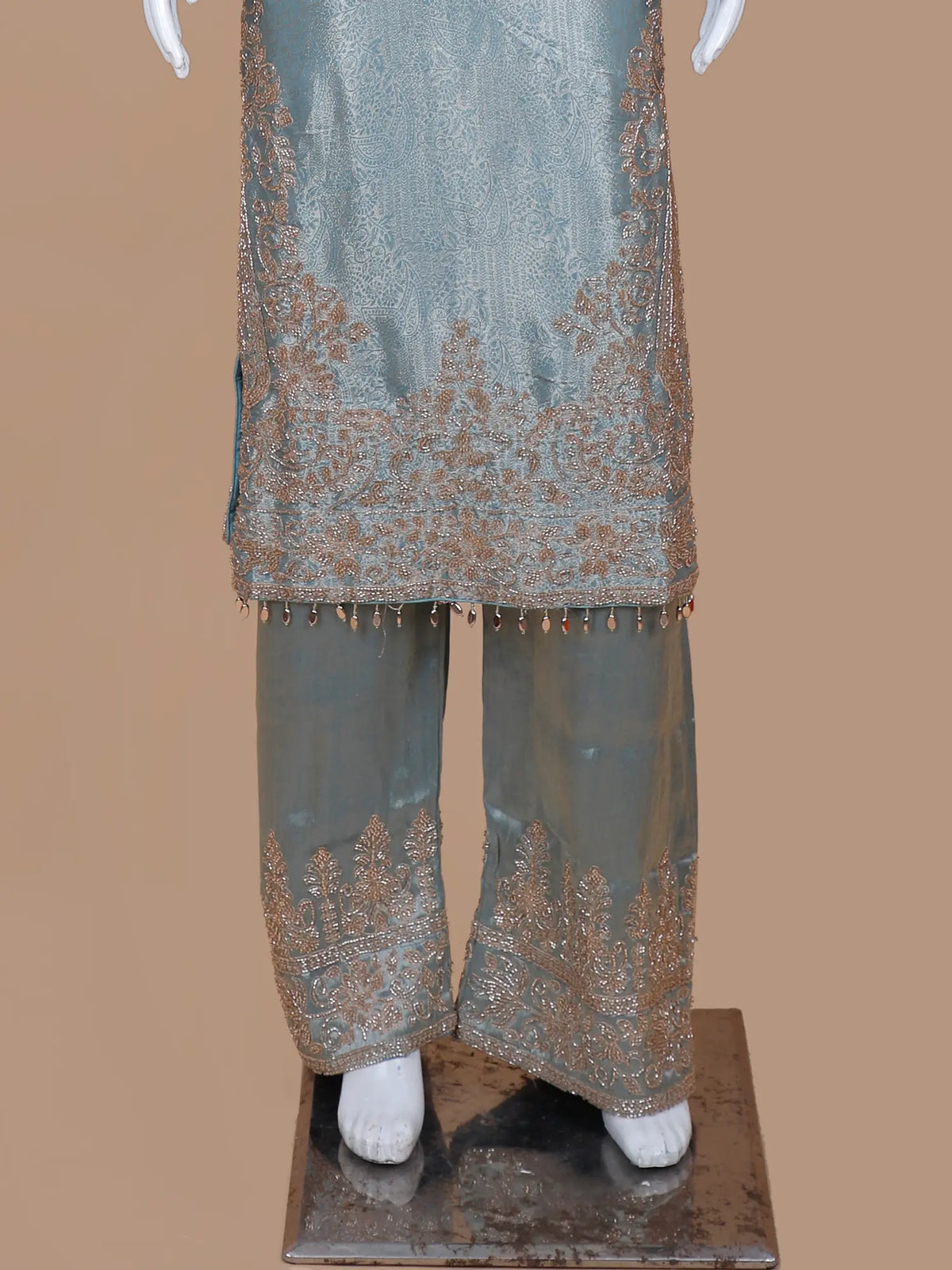Exclusive Blue Grey Banarasi Silk Suit Featuring Gold Beaded Embroidery