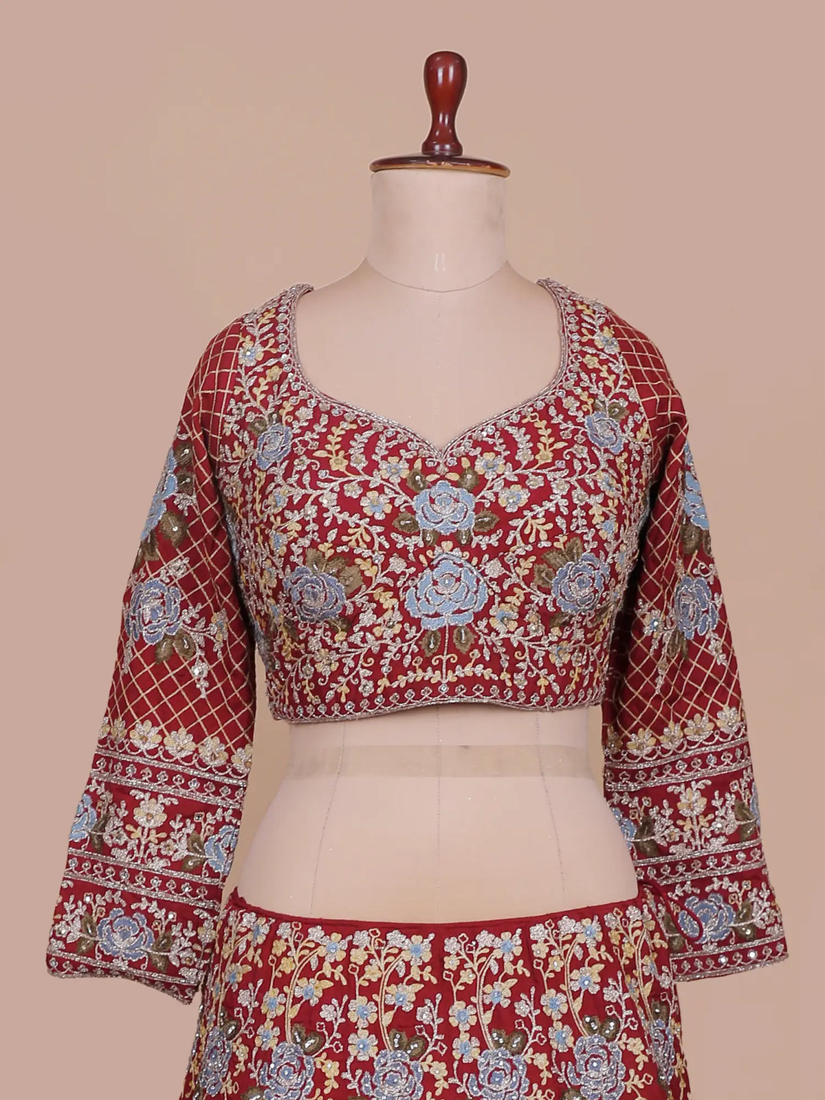 Eye Catching Maroon Georgette Lehenga Choli With Blue Rose Floral Design