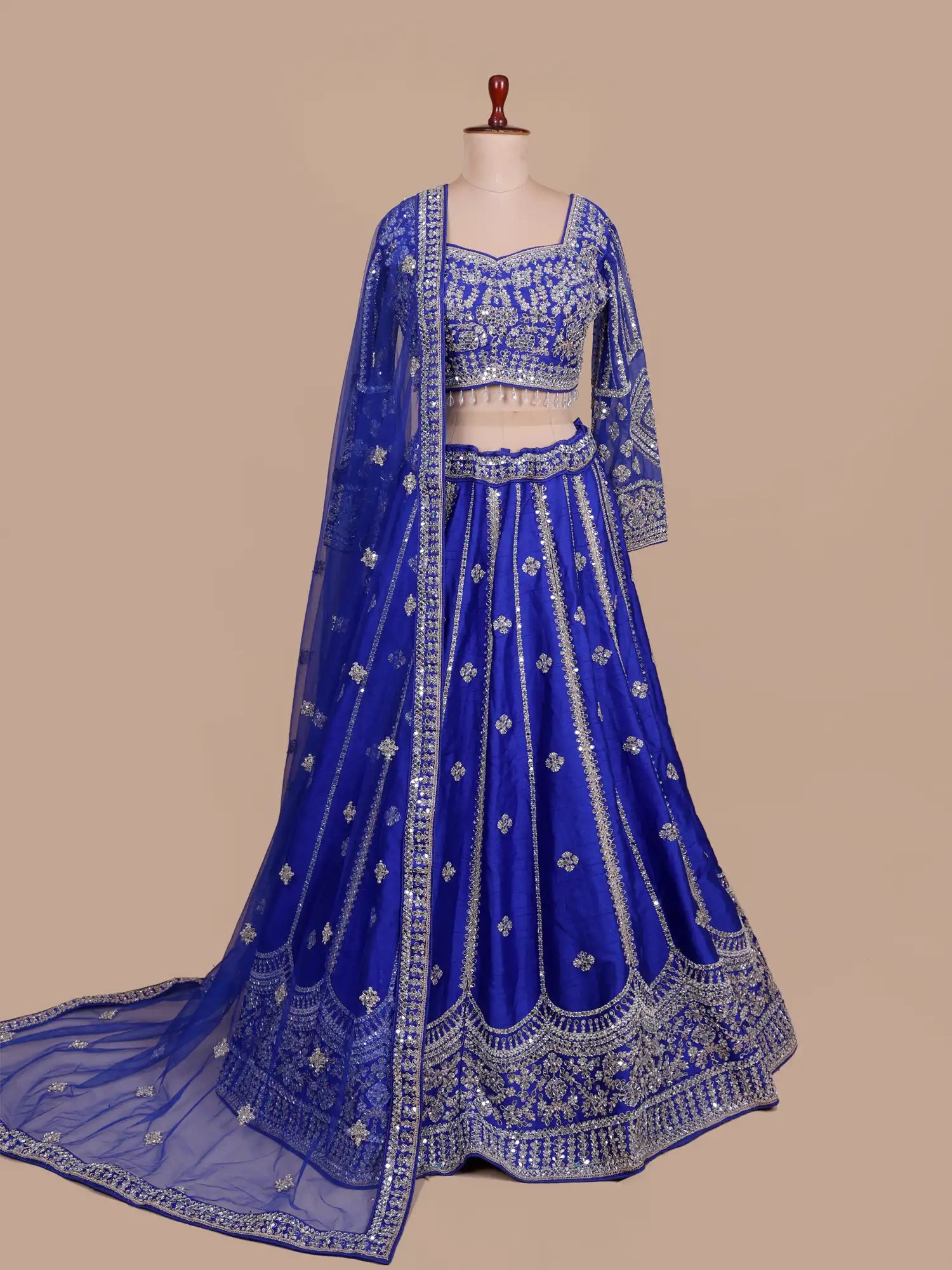 Choose Regal Royal Blue Silk Lehenga Choli In Mirror Moti Work