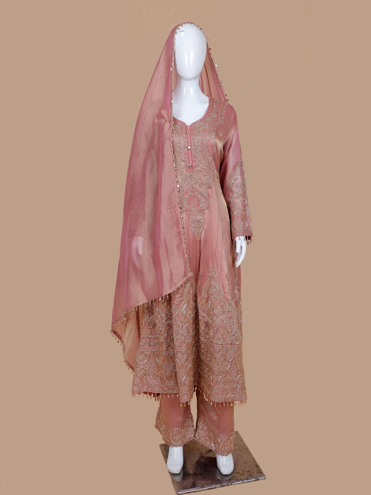 Buy Blush Pink Shimmer Silk Long Suit with Heavy Beaded Embroidery