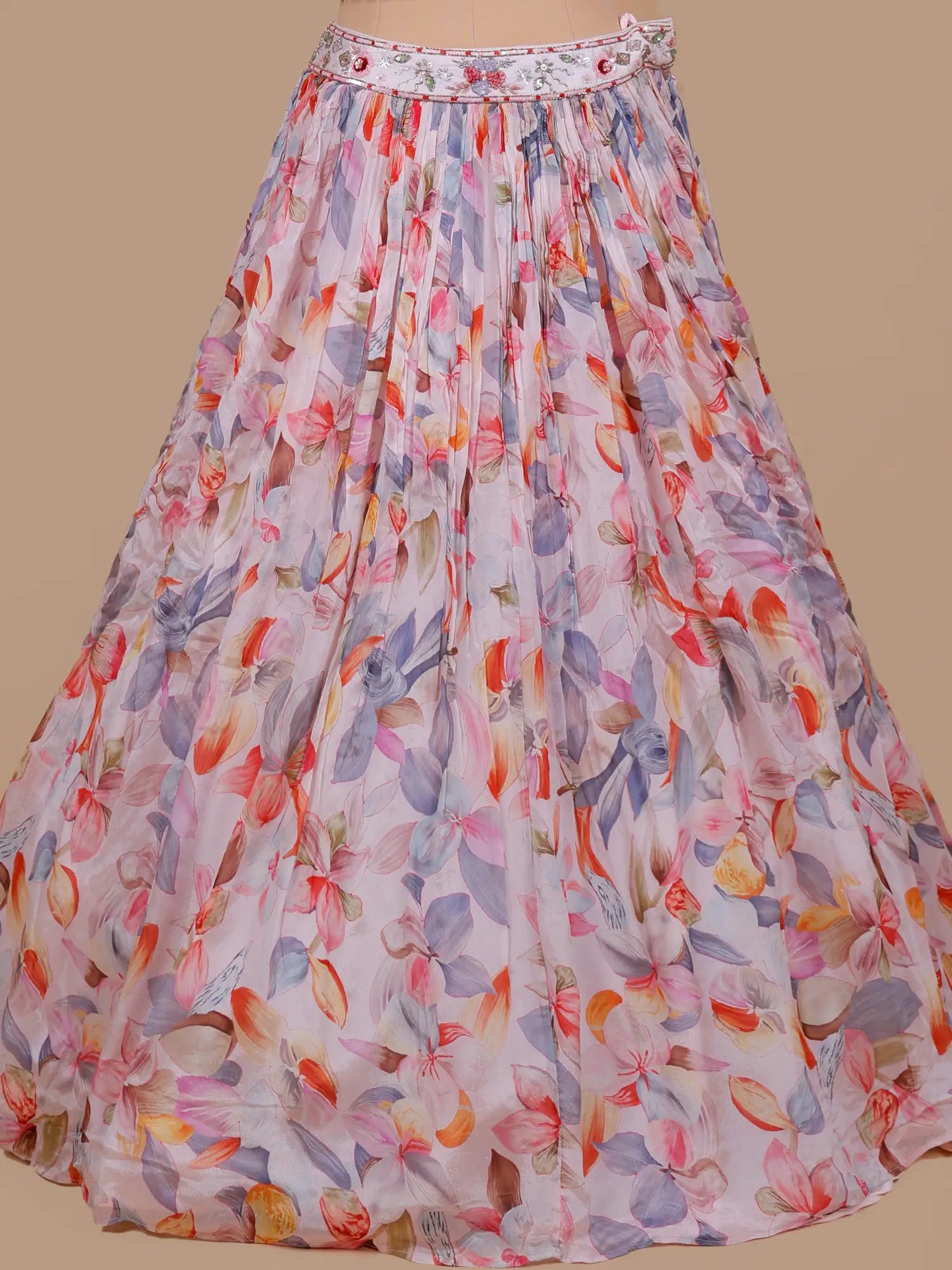 Designer Multi Color Floral Crepe Silk Lehenga With Pearl Design