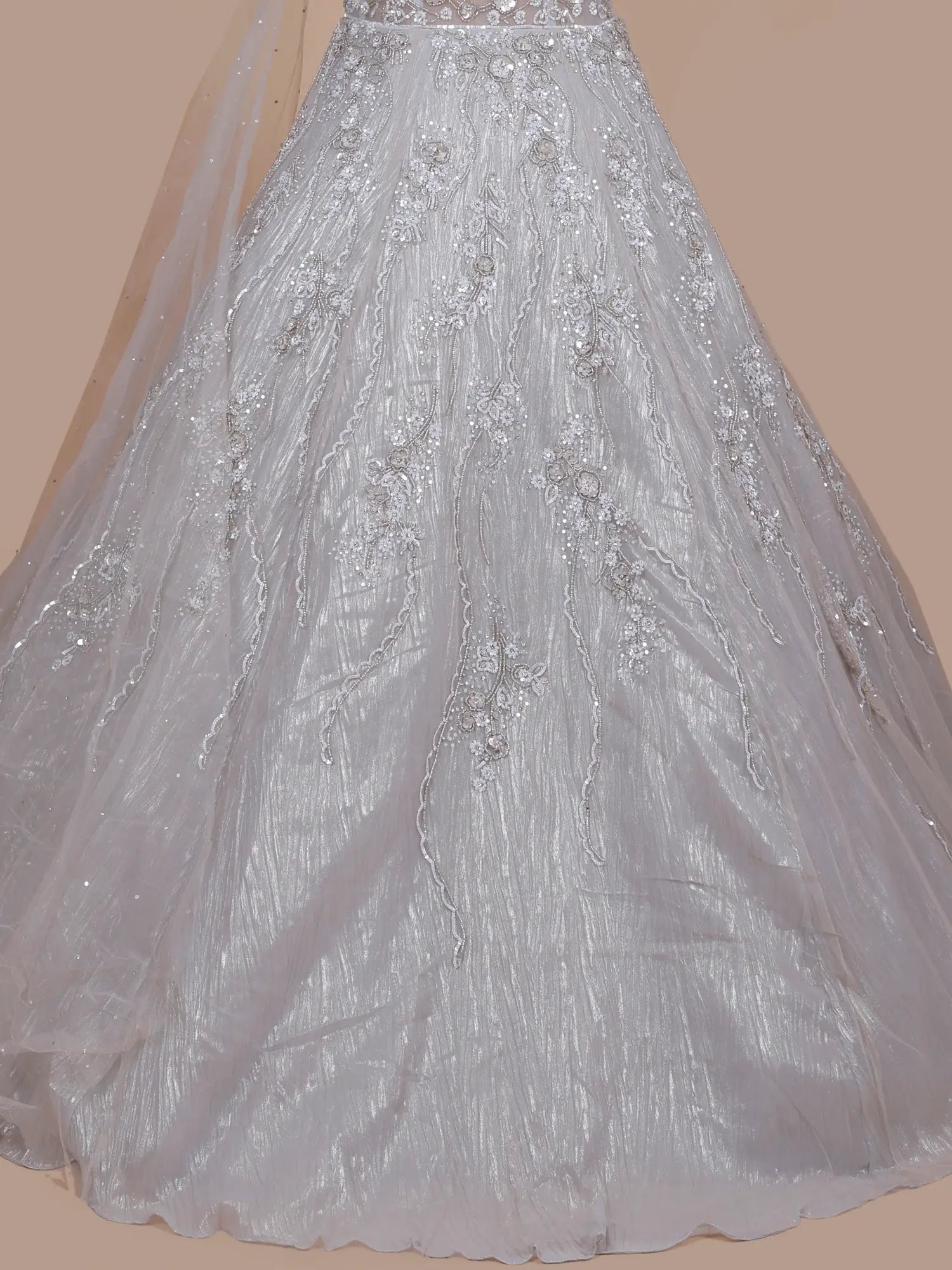 Premium Light Silver Wedding Wear Gown with Diamond Work and Elegant Look