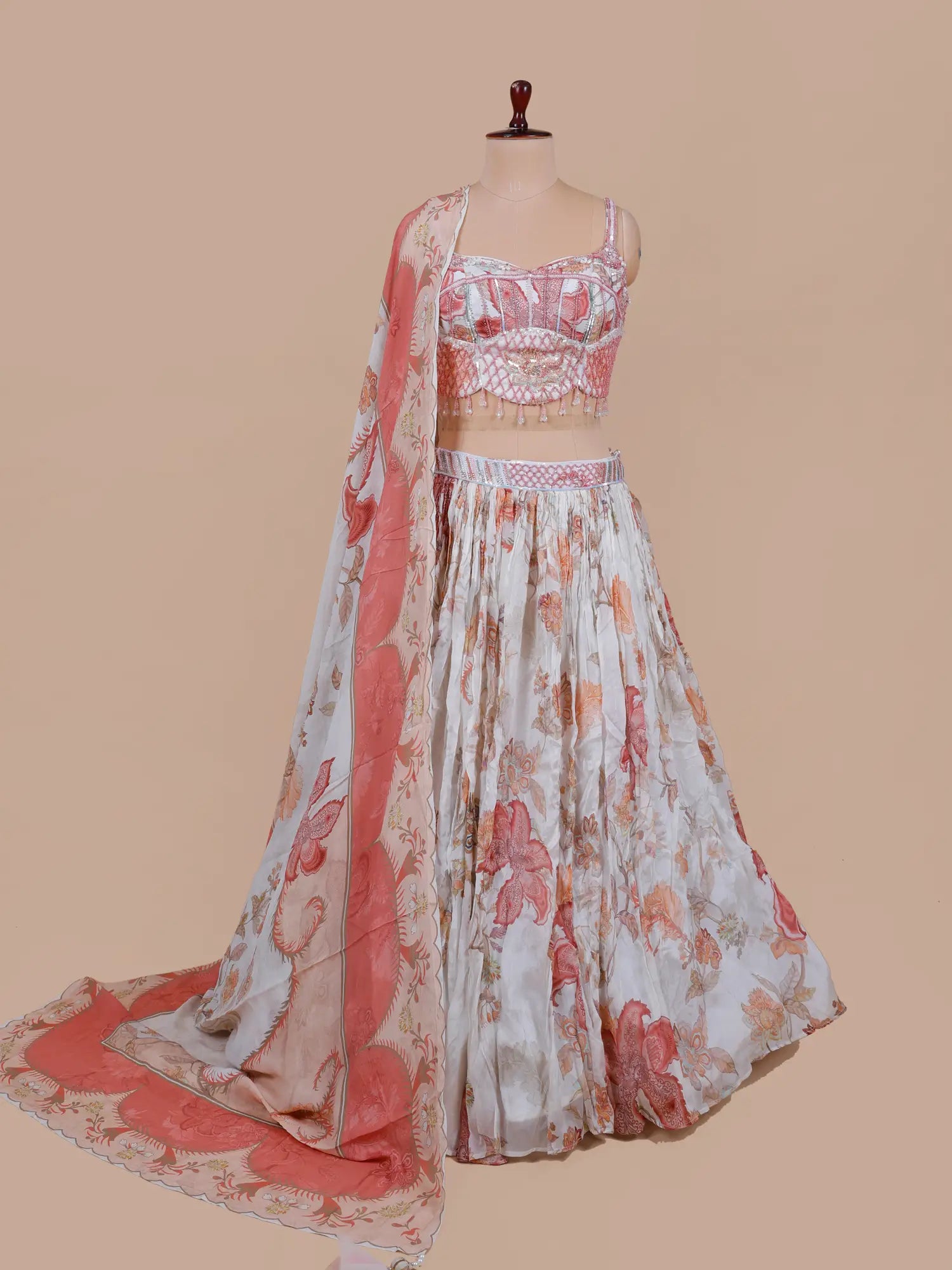 Multi Color Floral Designer Crepe Silk Lehenga With Moti Design