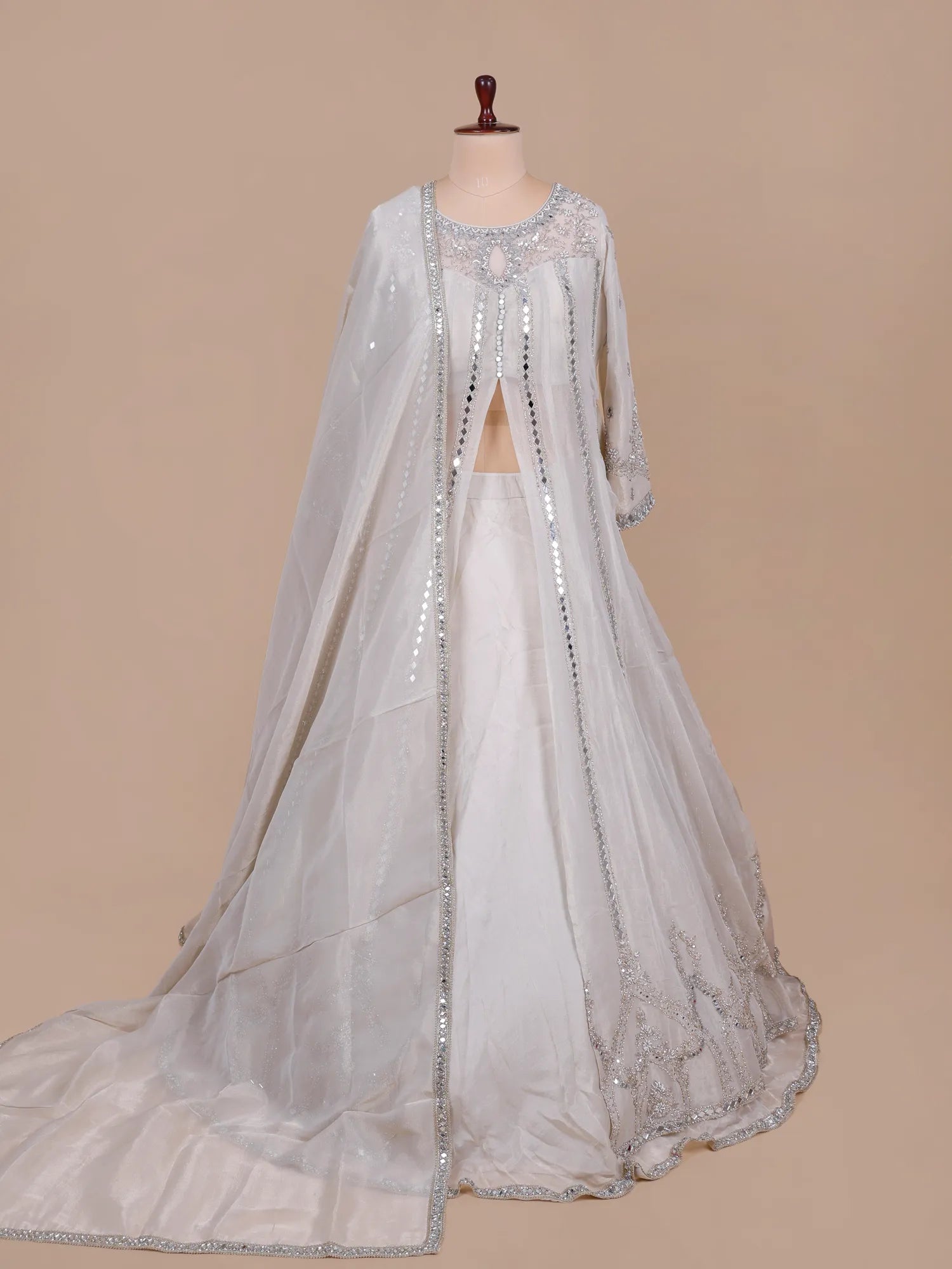 Trending Off White Shimmer Indo Western Lehenga With Resham Work