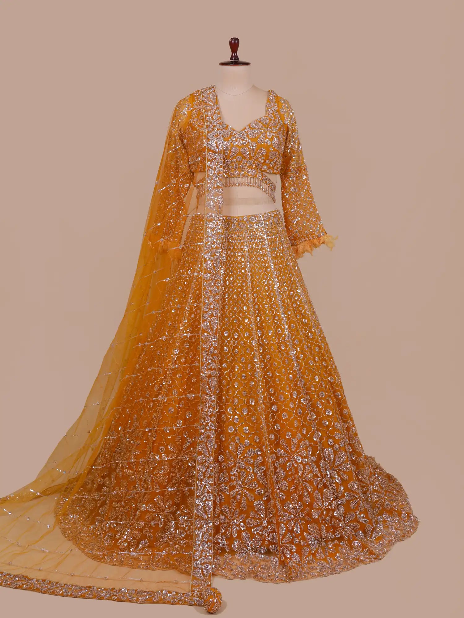 Exclusive Orange Net Lehenga With Designer Work For Weddings