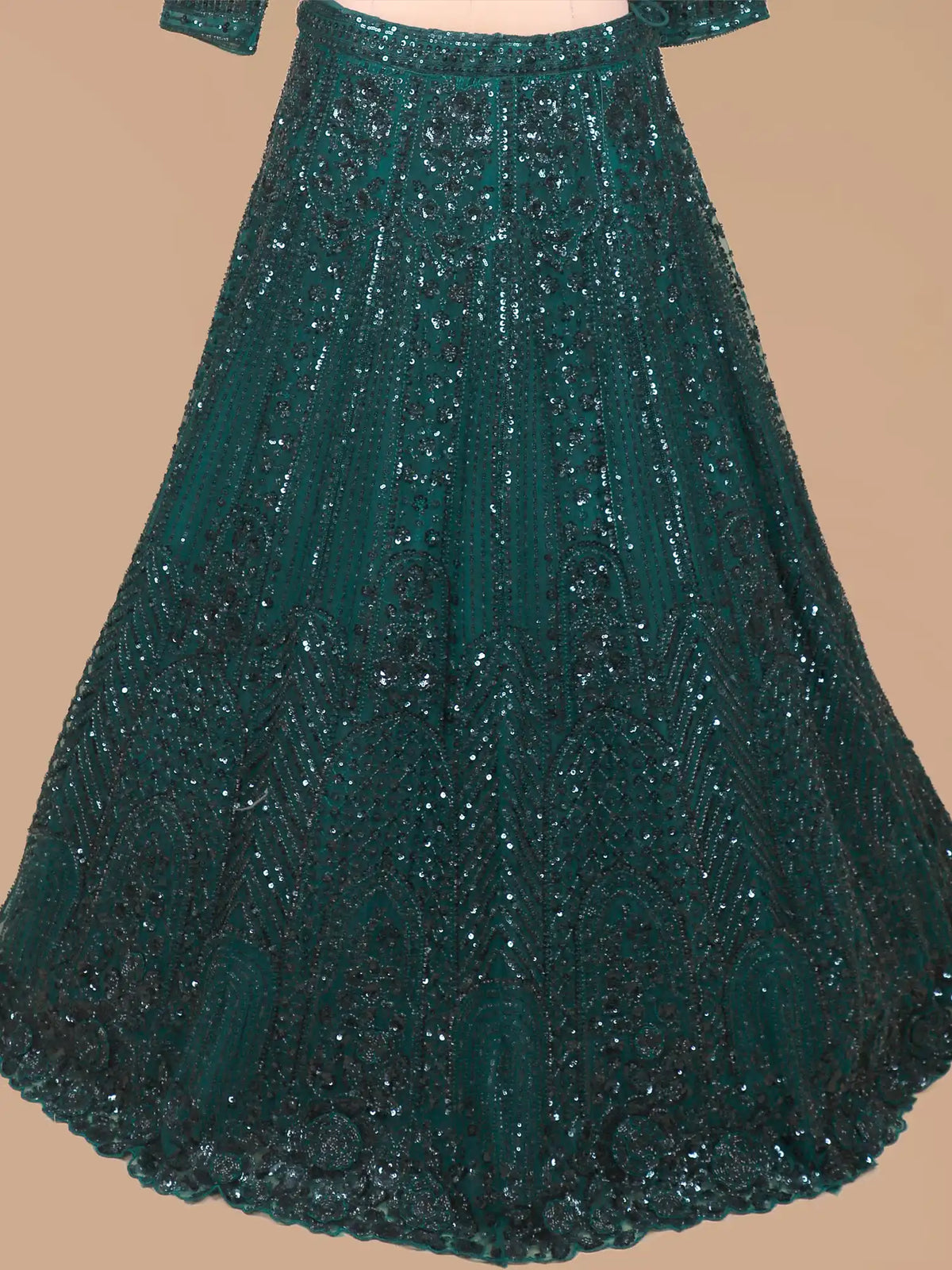 Bottle Green Embellished Net Lehenga with Arched Sequin Patterns