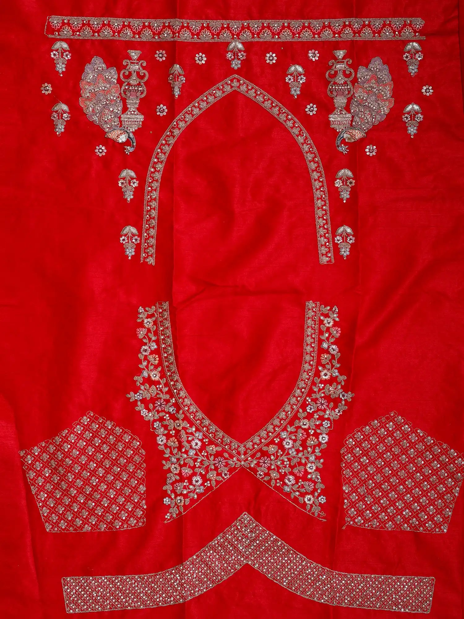 Crimson Heritage Red Silk Bridal Lehenga With Peacock and Tree Motif Detailing