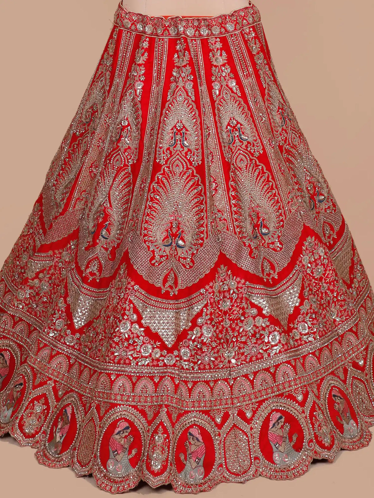 Regal Silk Bridal Lehenga with Blue Peacock and Portrait Embroidery