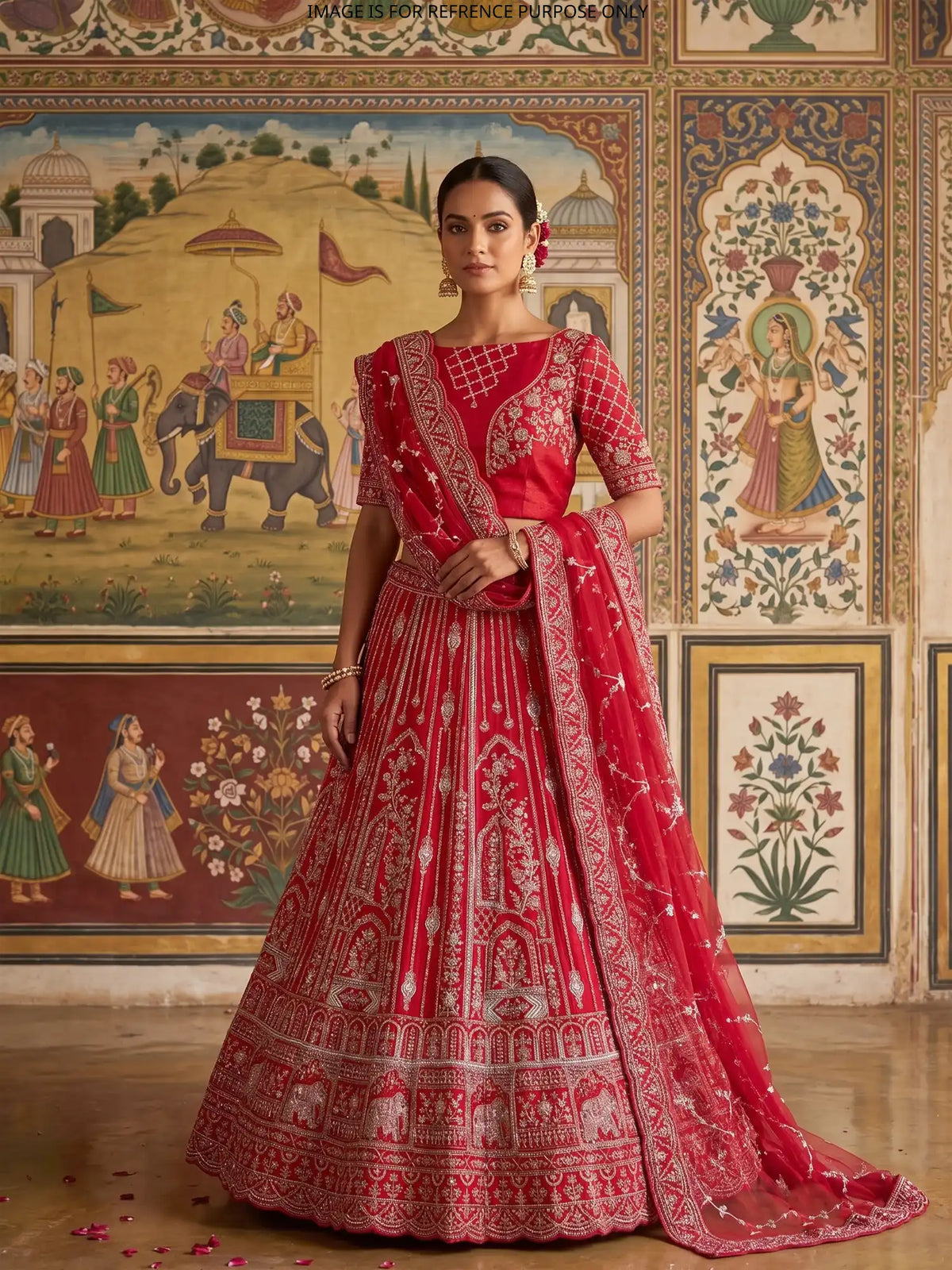Bridal Majesty Red Unstitched Silk Lehenga With Elephant Figure Embroidery