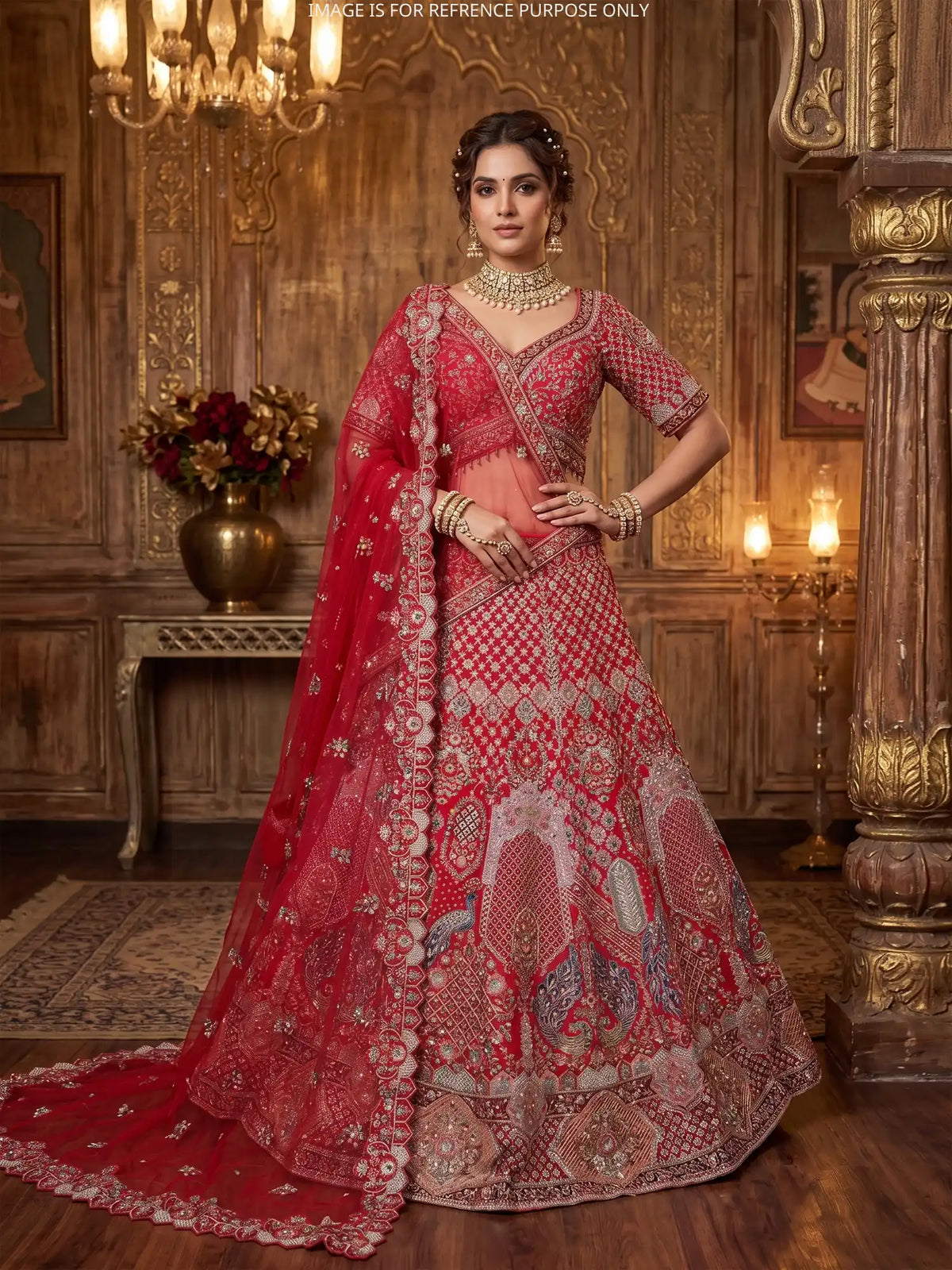 Bridal Peacock Art Red Silk Lehenga With Sequin Dori Embroidery
