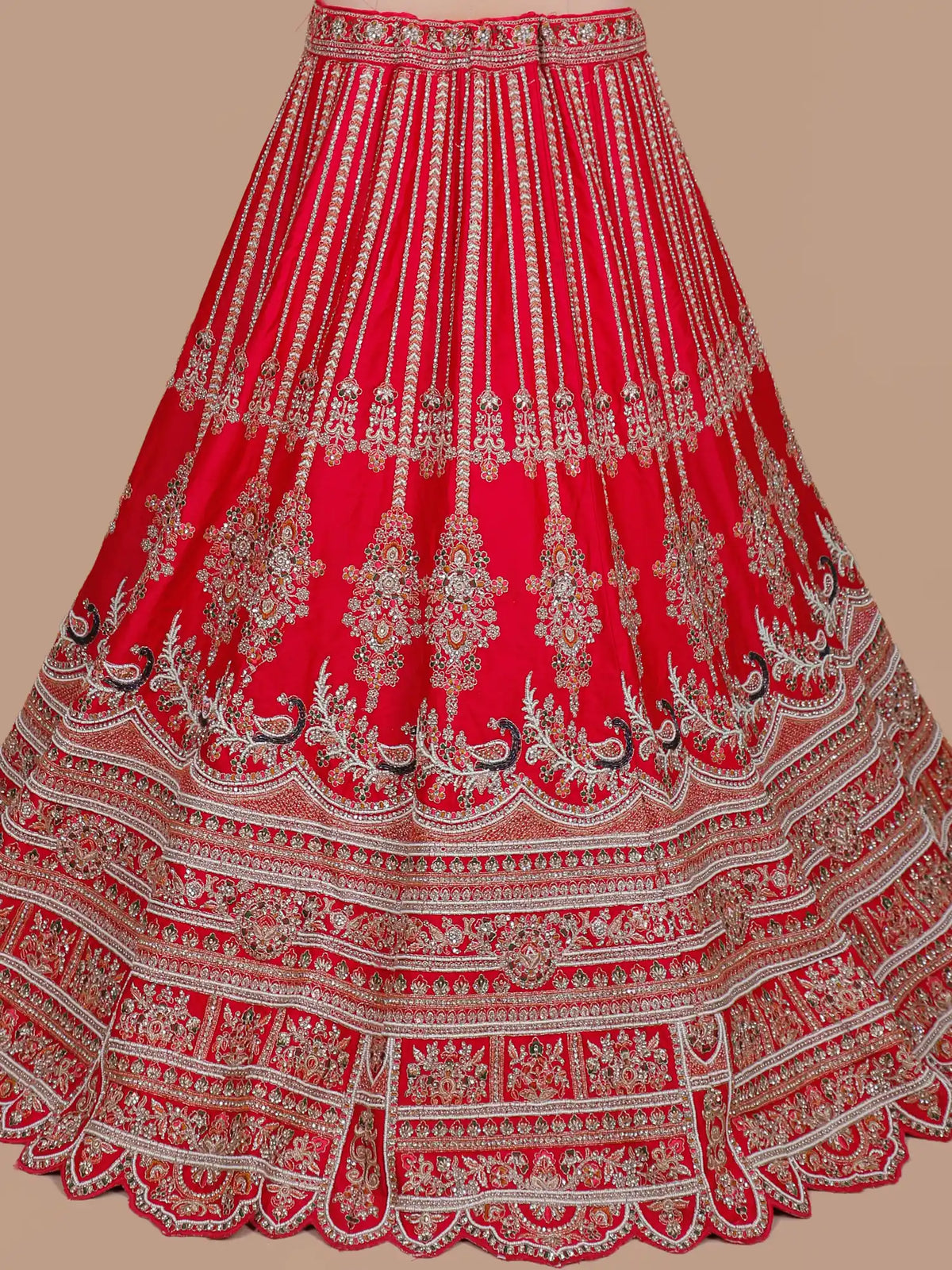 Grand Rani Silk Lehenga Showcasing Peacock Motifs and Layered Embroidery