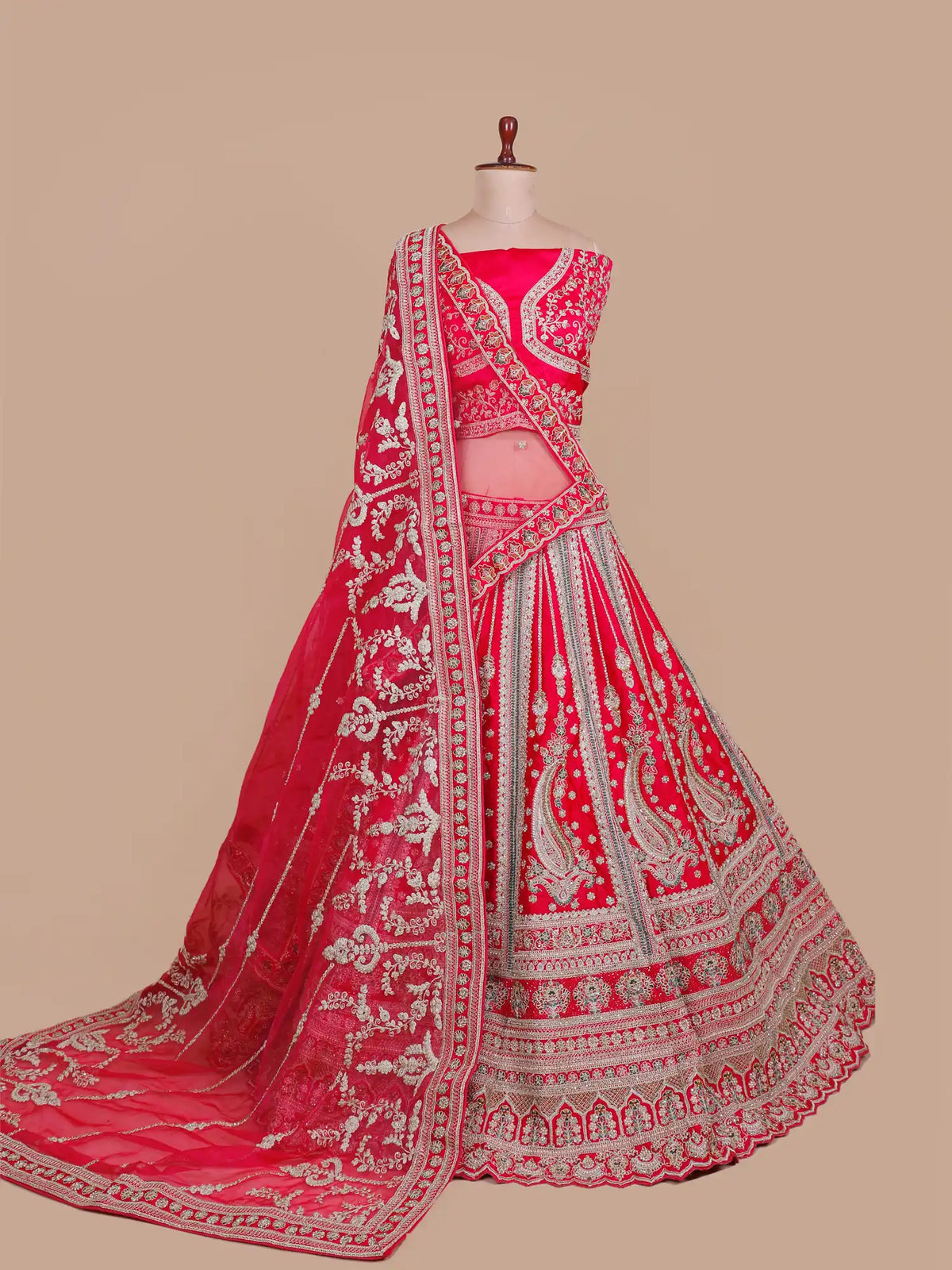 Premium Rani Pink Silk Bridal Lehenga with Grand Paisley Arch Work