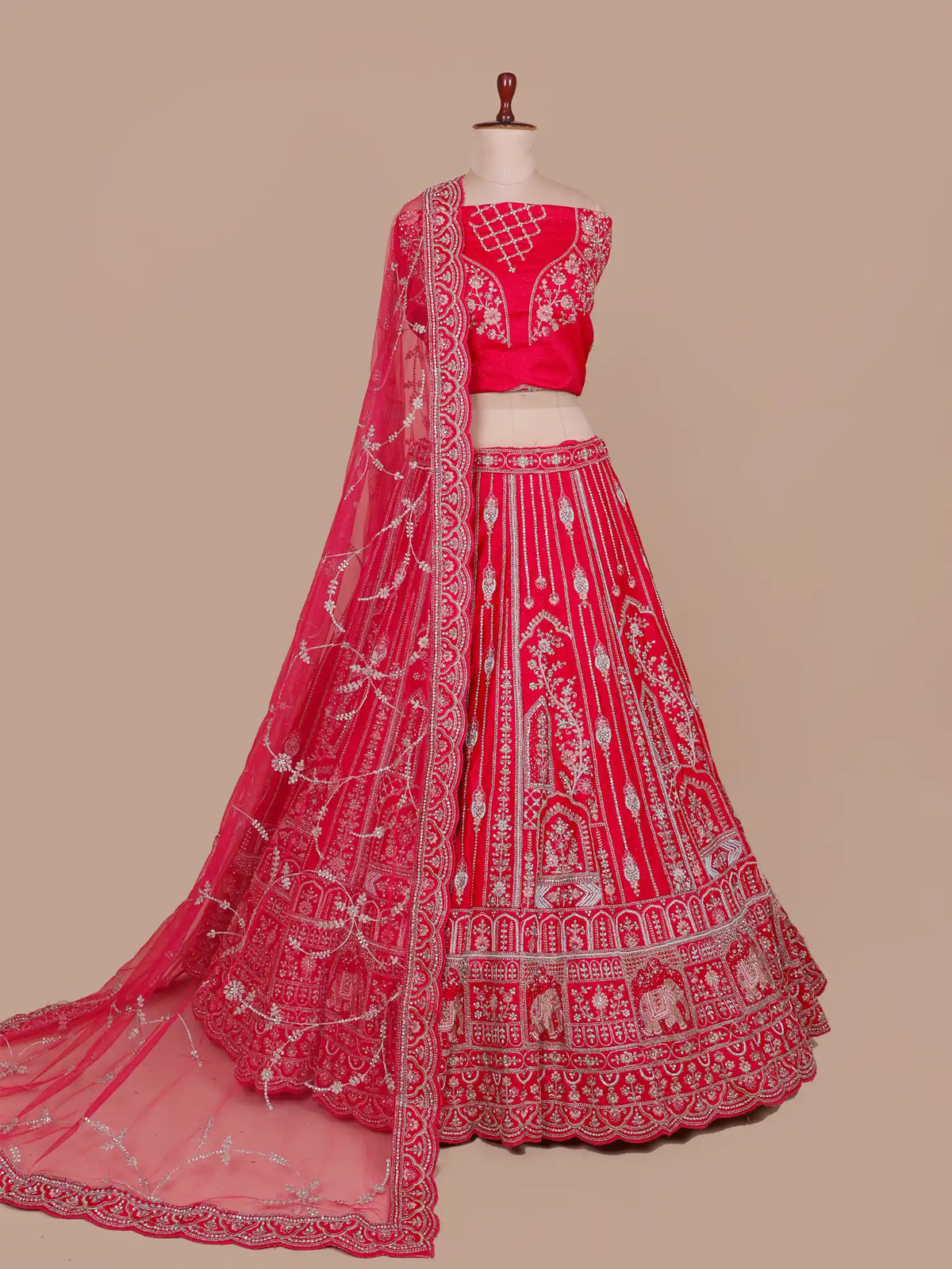 Bridal Majesty Red Unstitched Silk Lehenga With Elephant Figure Embroidery