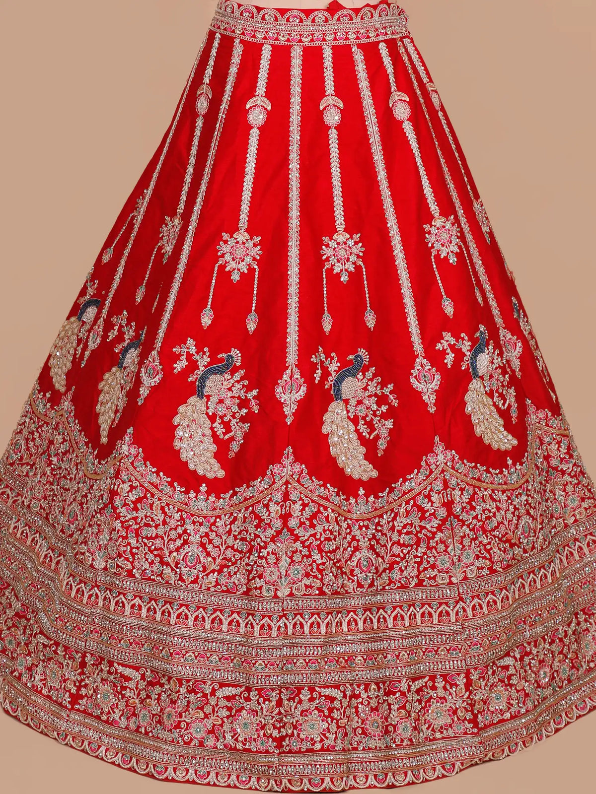 Red Silk Unstitched Bridal Lehenga With Bird Figure Detailing