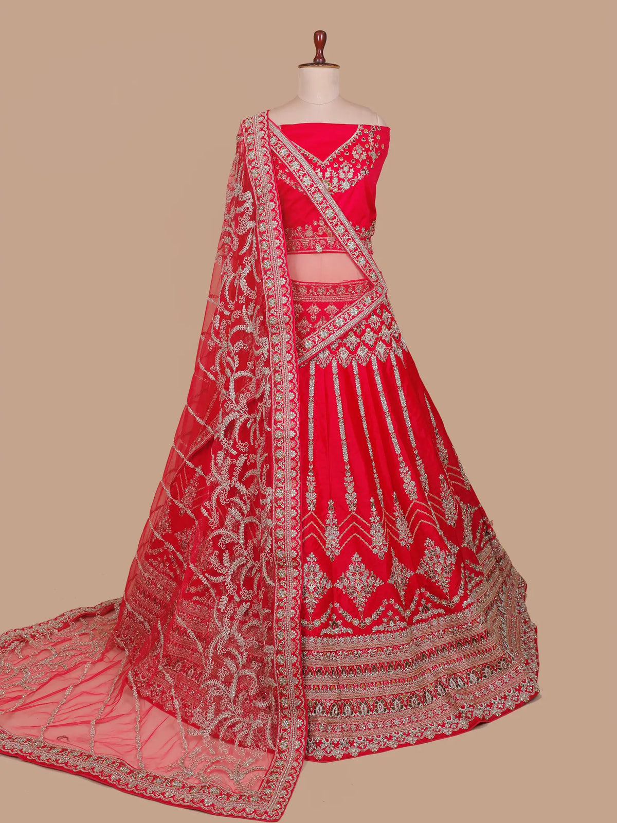 Red Silk Bridal Lehenga Choli with Intricate Silver Floral Embroidery