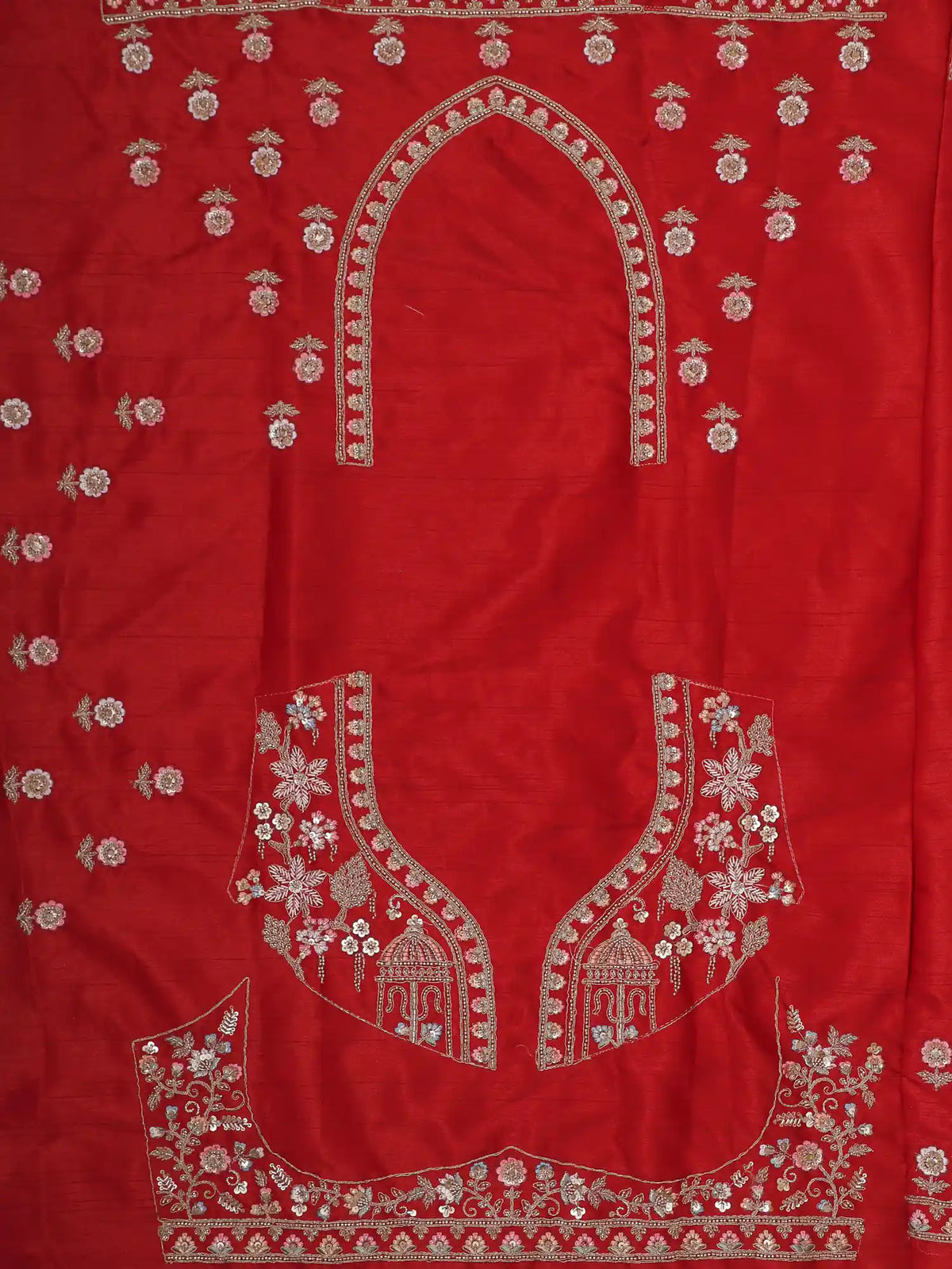 Luxury Custom Red Silk Bridal Lehenga with Palace Wedding Scene Embroidery