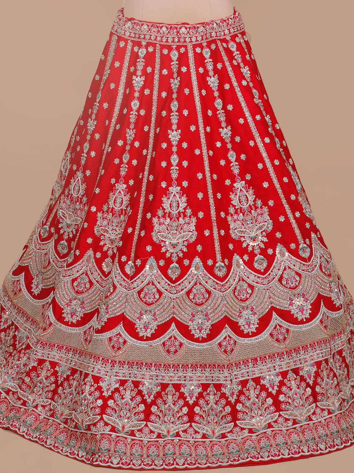 Bridal Ruby Silk Lehenga Featuring Layered Floral Embroidery Work