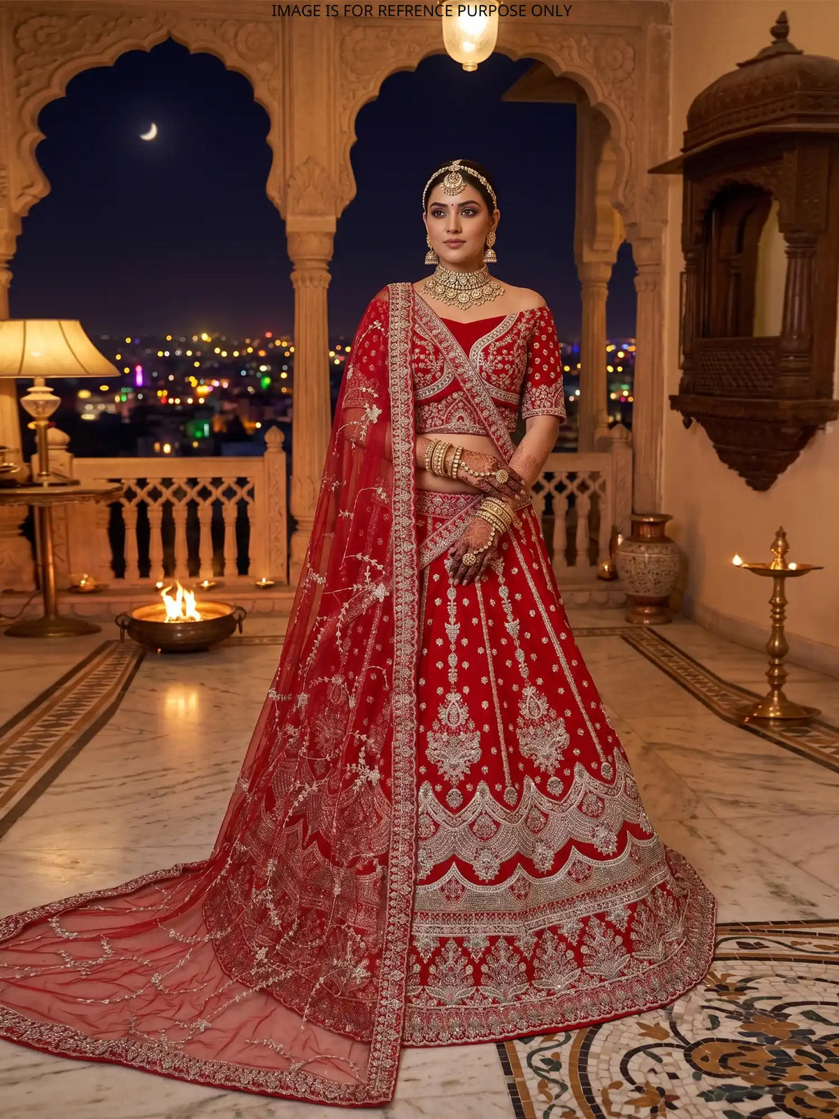 Bridal Ruby Silk Lehenga Featuring Layered Floral Embroidery Work
