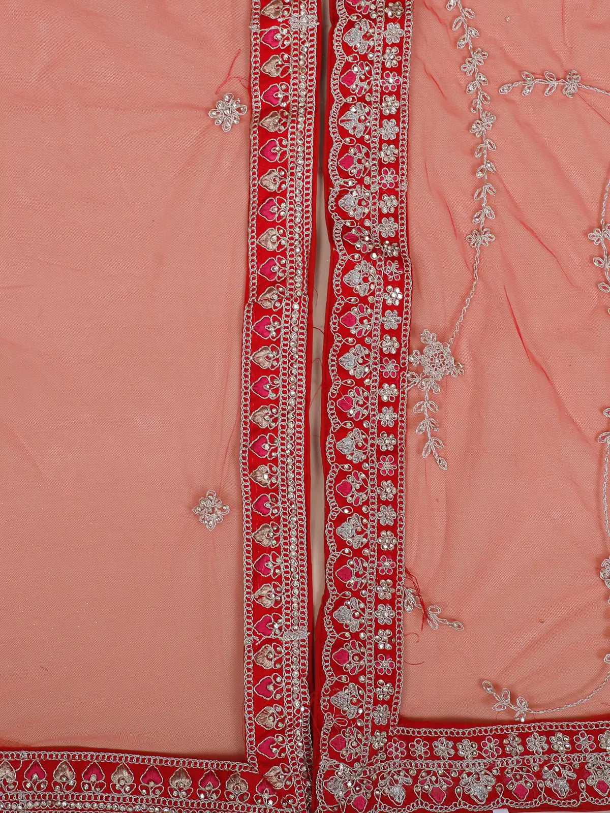 Bridal Ruby Silk Lehenga Featuring Layered Floral Embroidery Work
