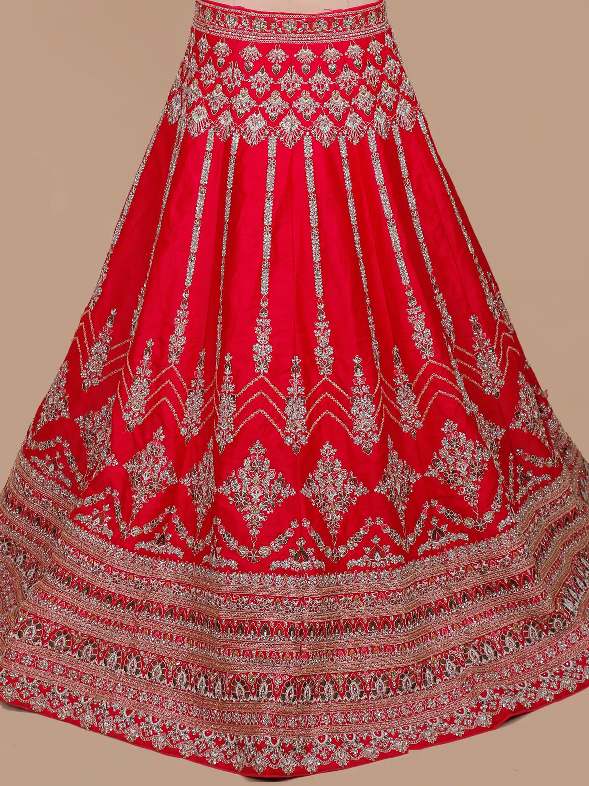 Red Silk Bridal Lehenga Choli with Intricate Silver Floral Embroidery