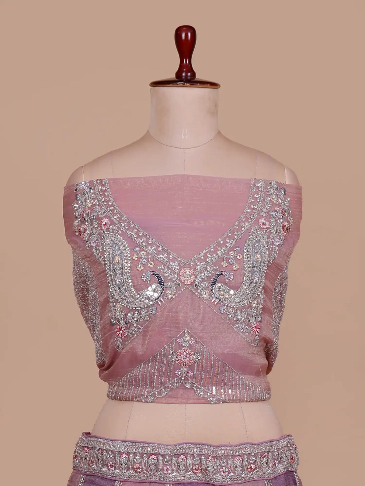 Twin Shade Purple Pink Unstitched Silk Lehenga With Elephant Peacock Motifs