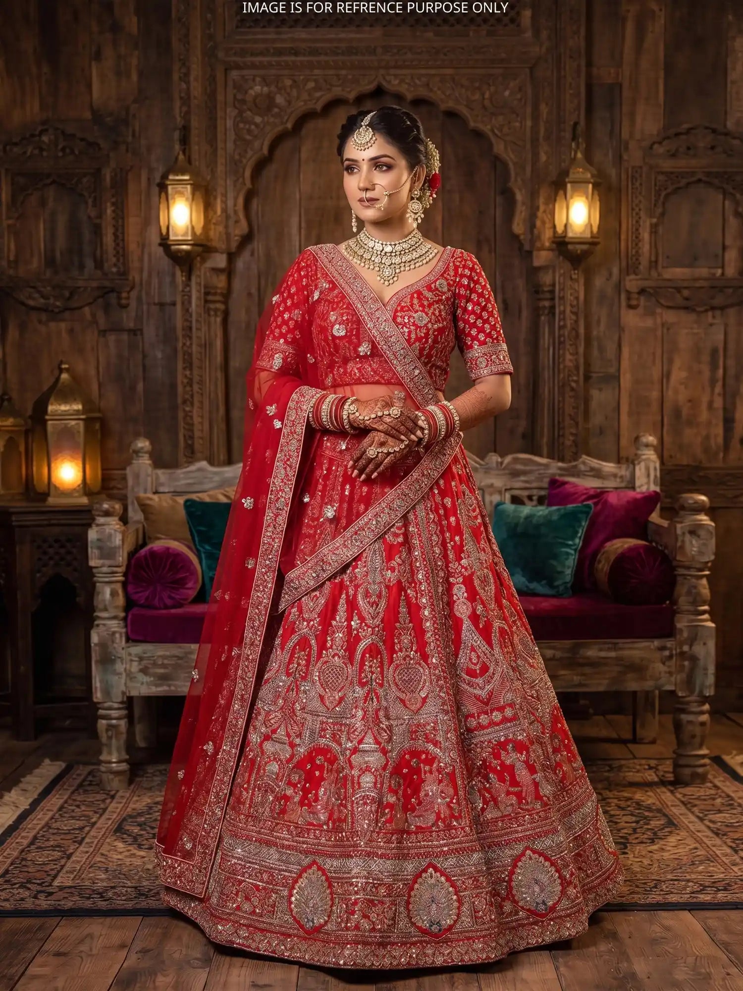 Bridal Story Red Silk Unstitched Lehenga With Peacock Musician Embroidery