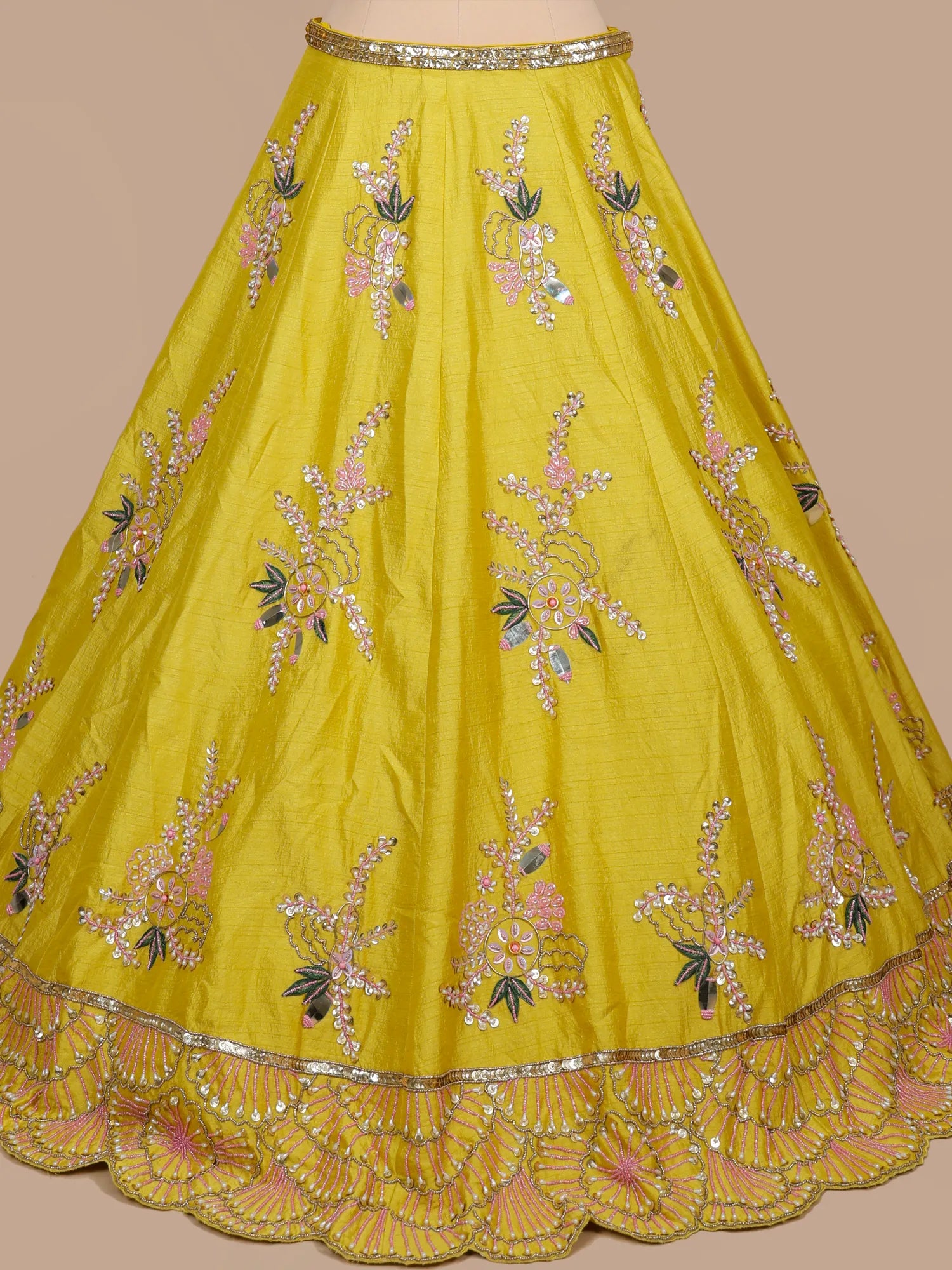 Buy Yellow Raw Silk Sequins Pearl Work Haldi Lehenga Online