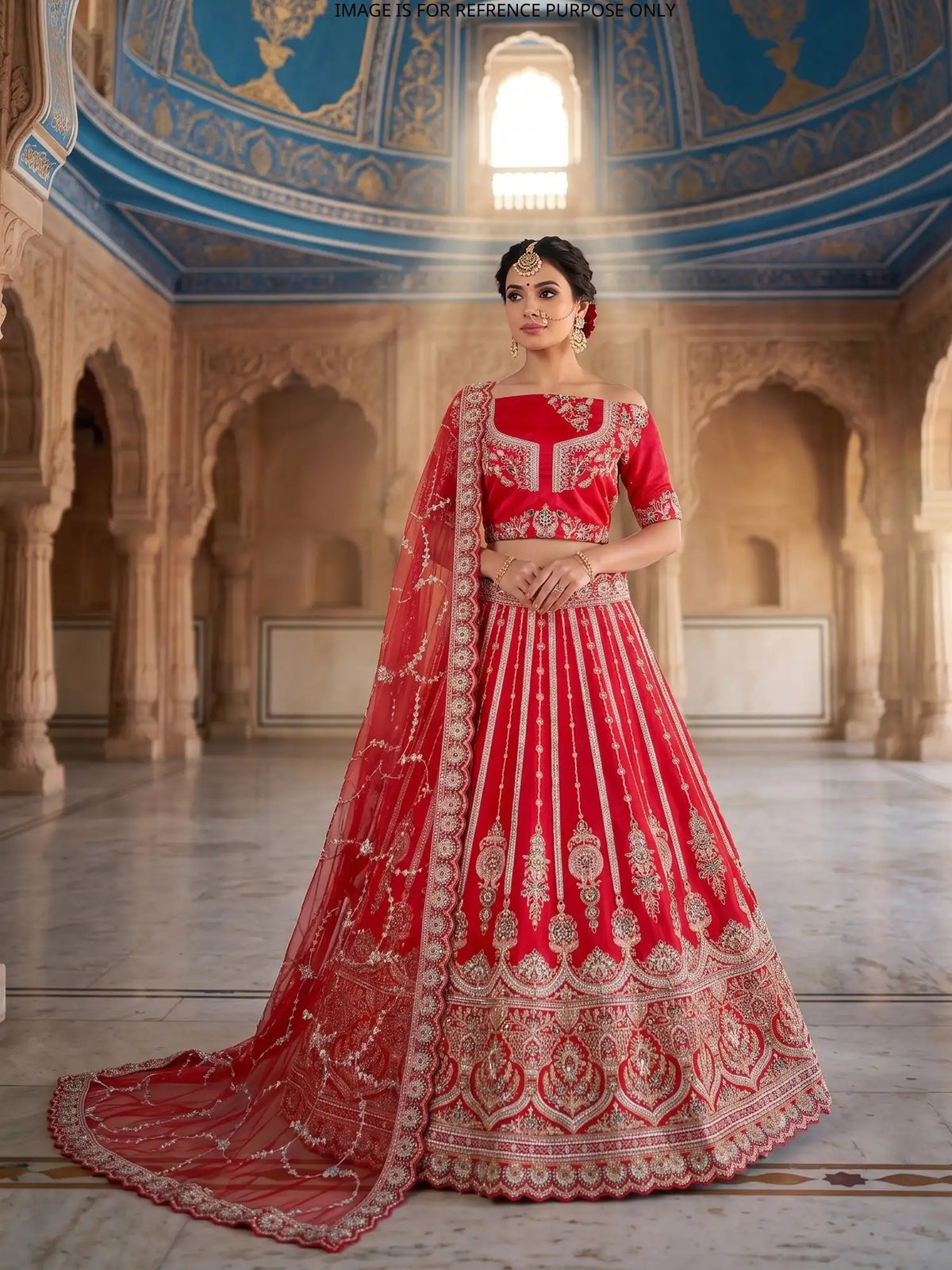 Red Silk Bridal Wedding Lehenga with Artistic Floral Embroidery Pattern