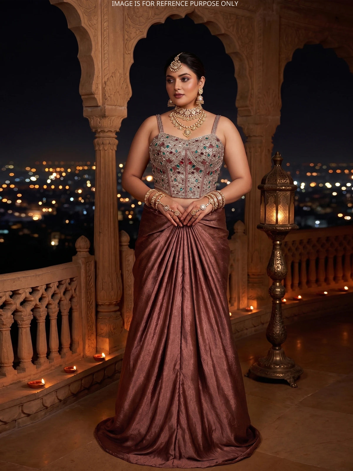 Bronze Imported Silk Ready to Wear Saree with Sequin Stone Embellishments