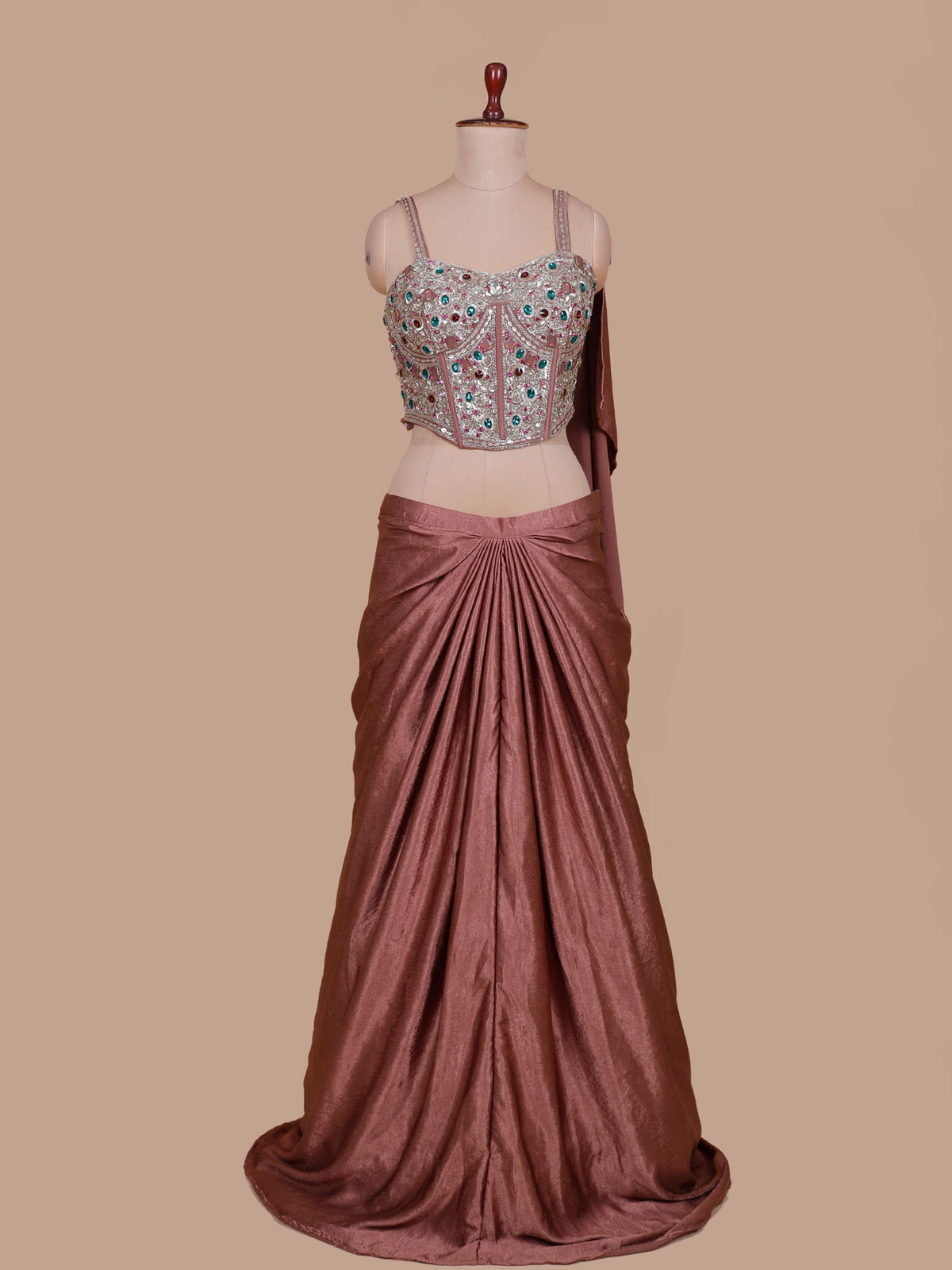 Bronze Imported Silk Ready to Wear Saree with Sequin Stone Embellishments