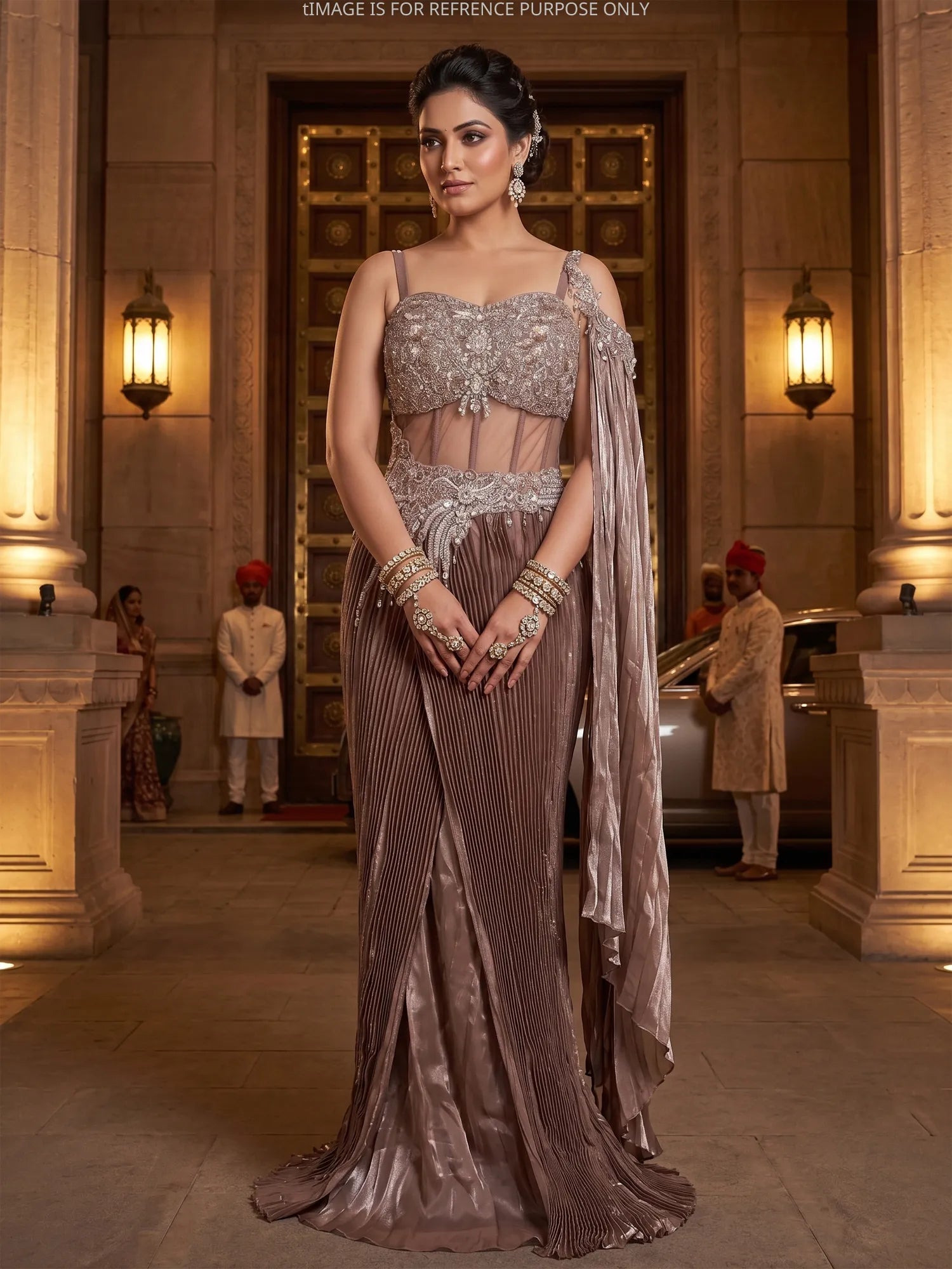Brown Organza Designer Indo Western Saree Finished With Sequin And Moti Detailing