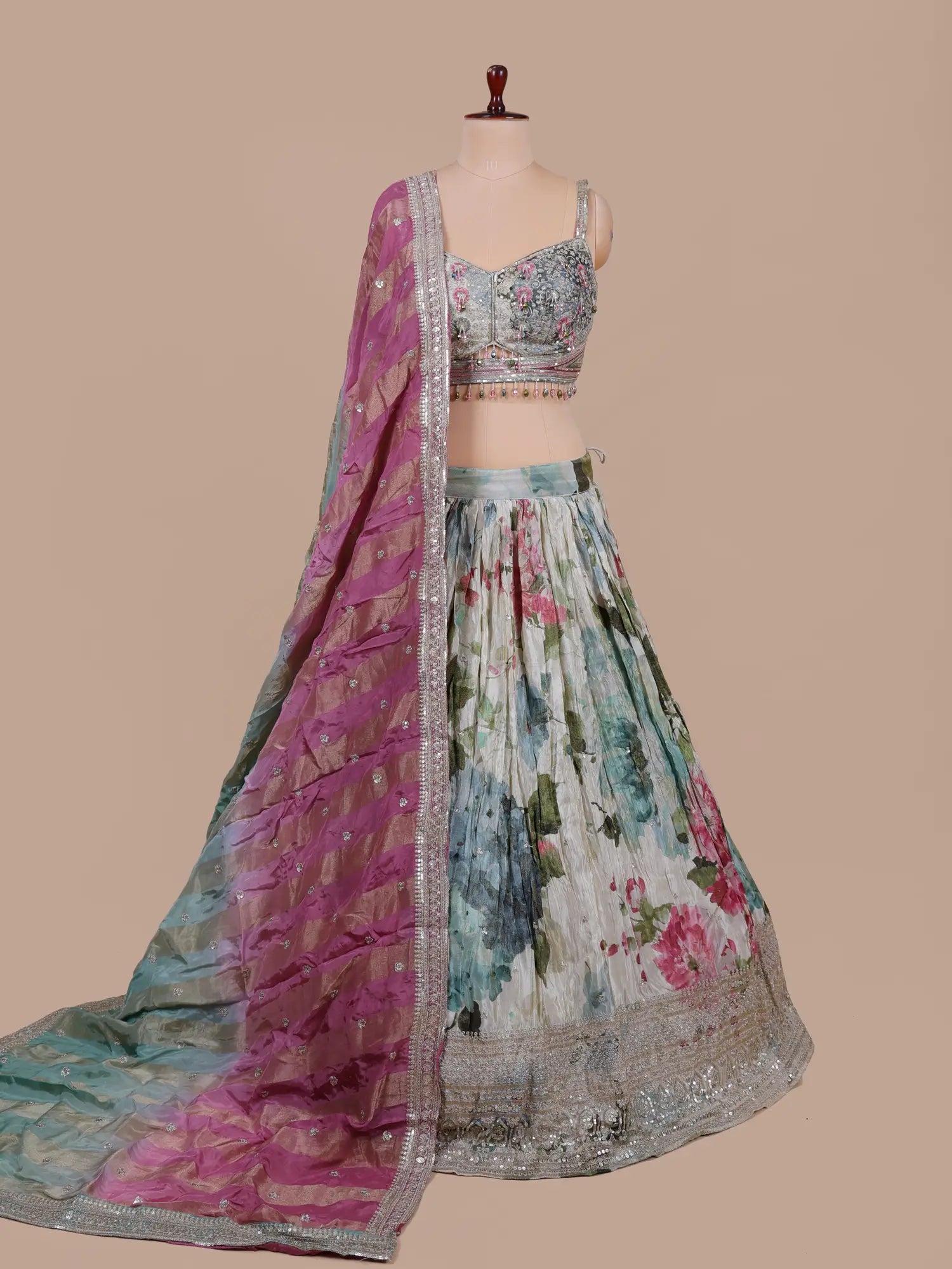 Affordable Floral Multi Color Crepe Silk Lehenga Choli