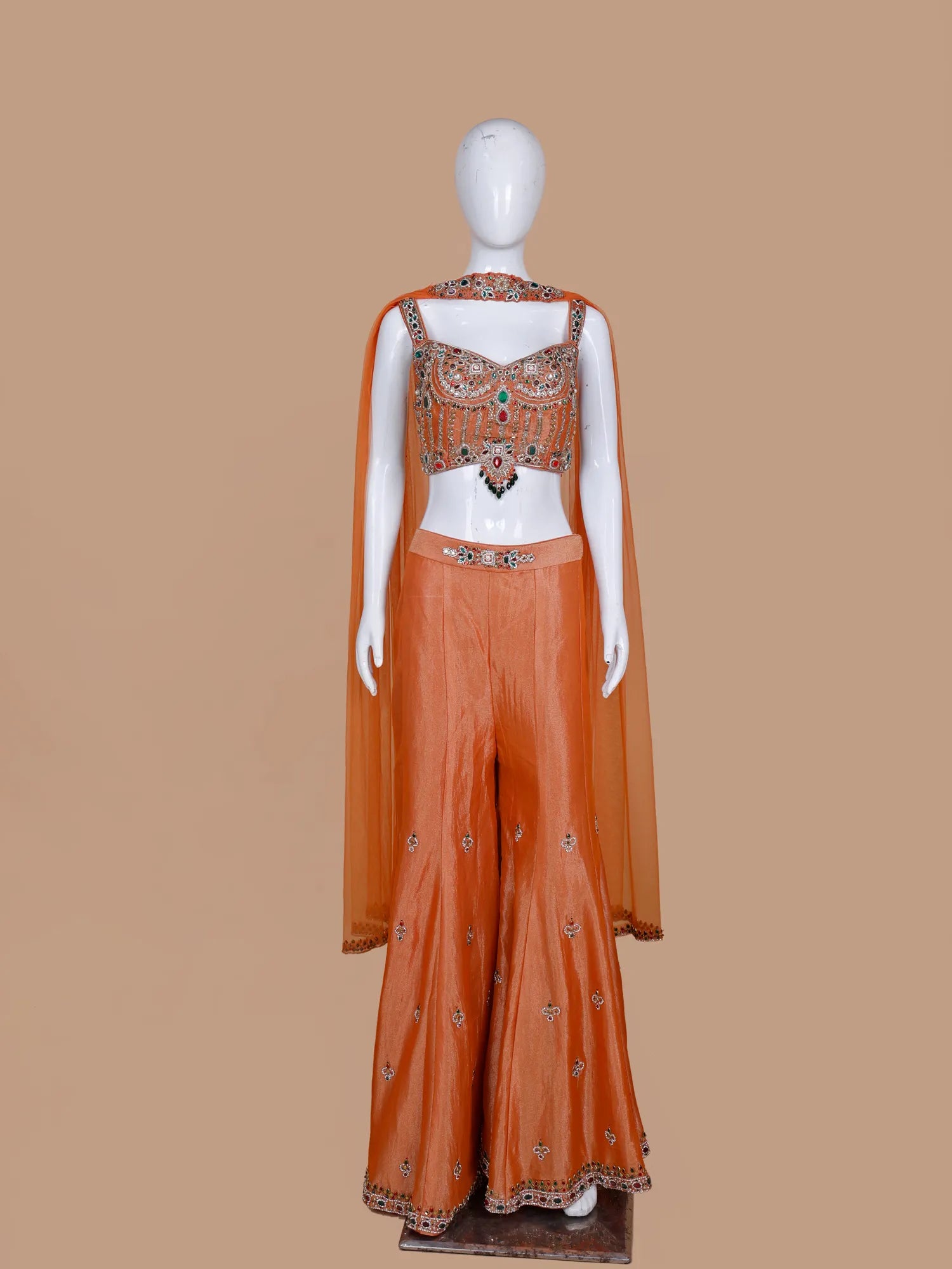 Rust Orange Designer Indo Western Palazzo Suit In Stone Pearl Work