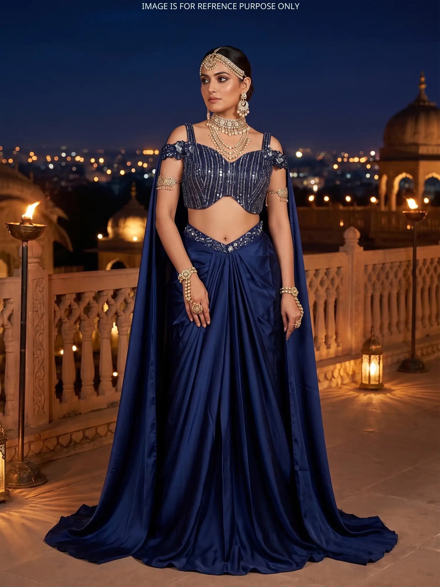 Buy Affordable Navy Blue Pre Draped Saree For Party Wear