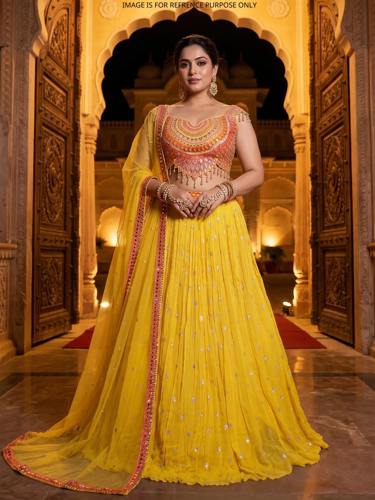 Buy Affordable Yellow Georgette Lehenga With Machine Work